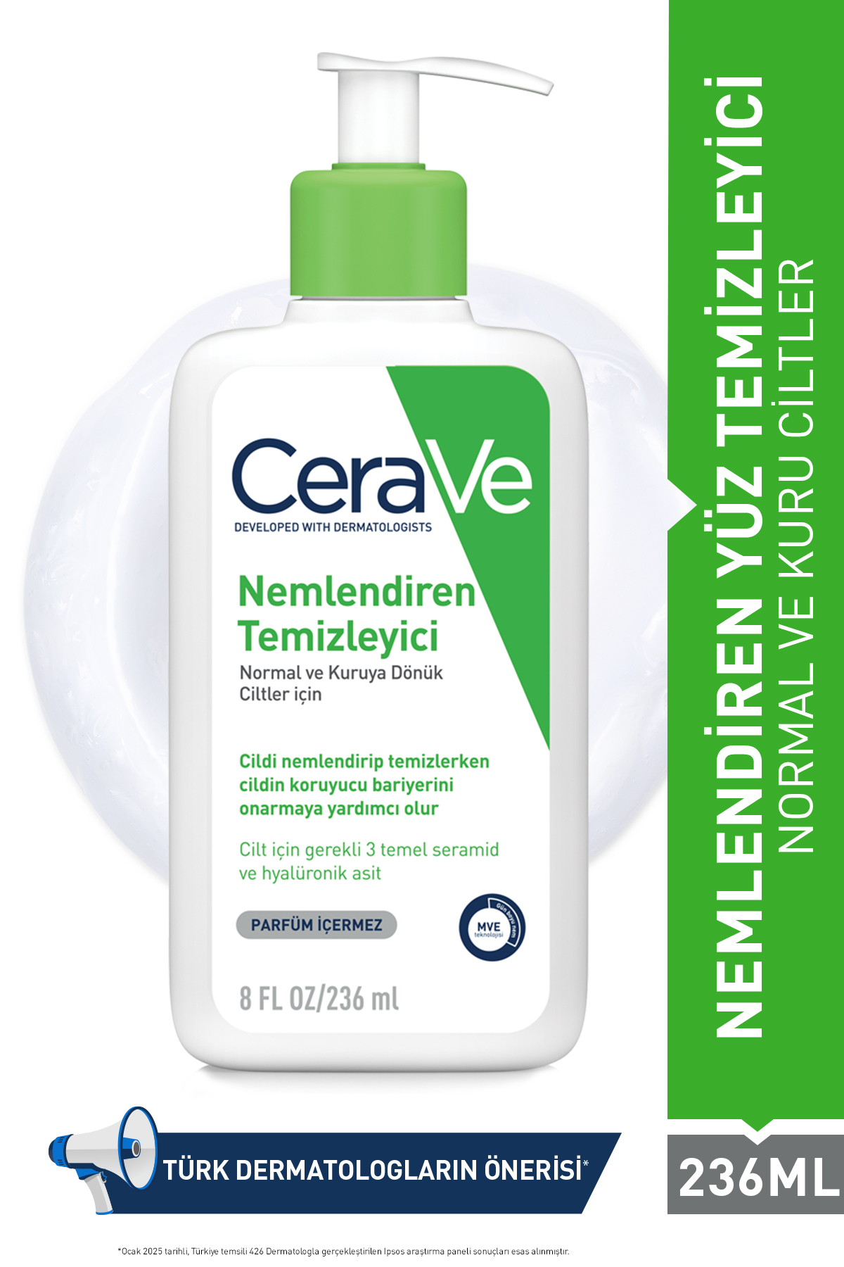 CeraVe Normal ve Kuruya Dönük Ciltler için Seramid & Hyalüronik Asit İçeren Nemlendiren Temizleyici 236ml