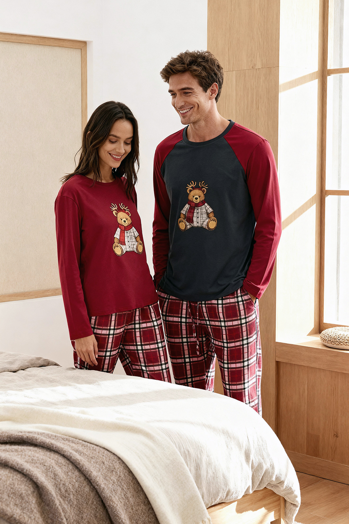 Trendyol Collection Дамски комплект пижама за двойка в бордо цвят, 100% памук, с коледна тематика, карирана, плетена THMAW26PT00170