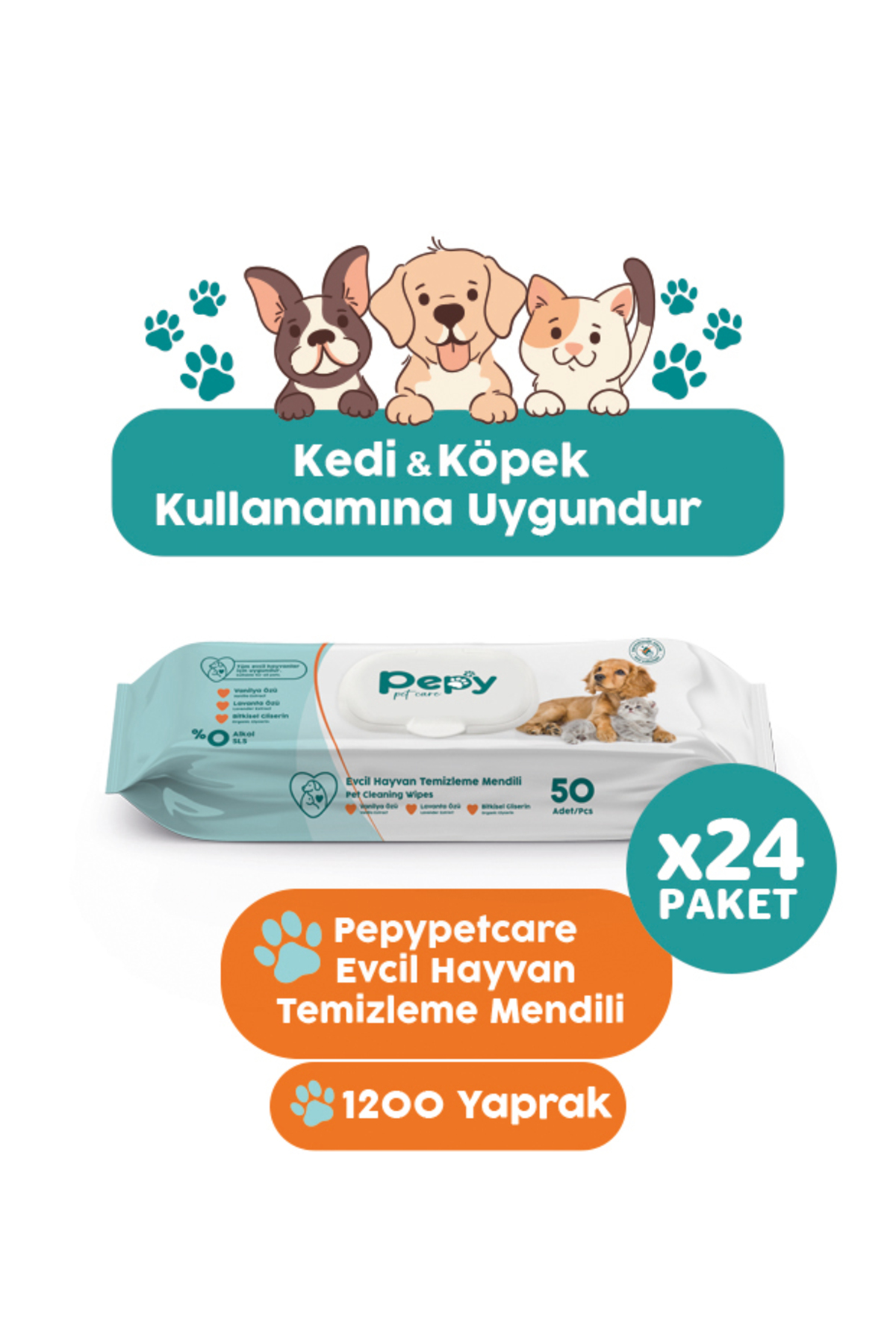 PEPY Kedi Ve Köpeklere Özel Evcil Hayvan Temizleme Mendili 24 paket 1200 Adet