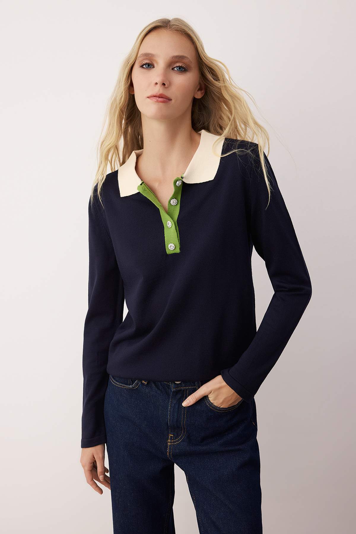 Trendyolmilla  Lacivert Polo Yaka Düğme Detaylı Triko Kazak TWOAW26KZ00196