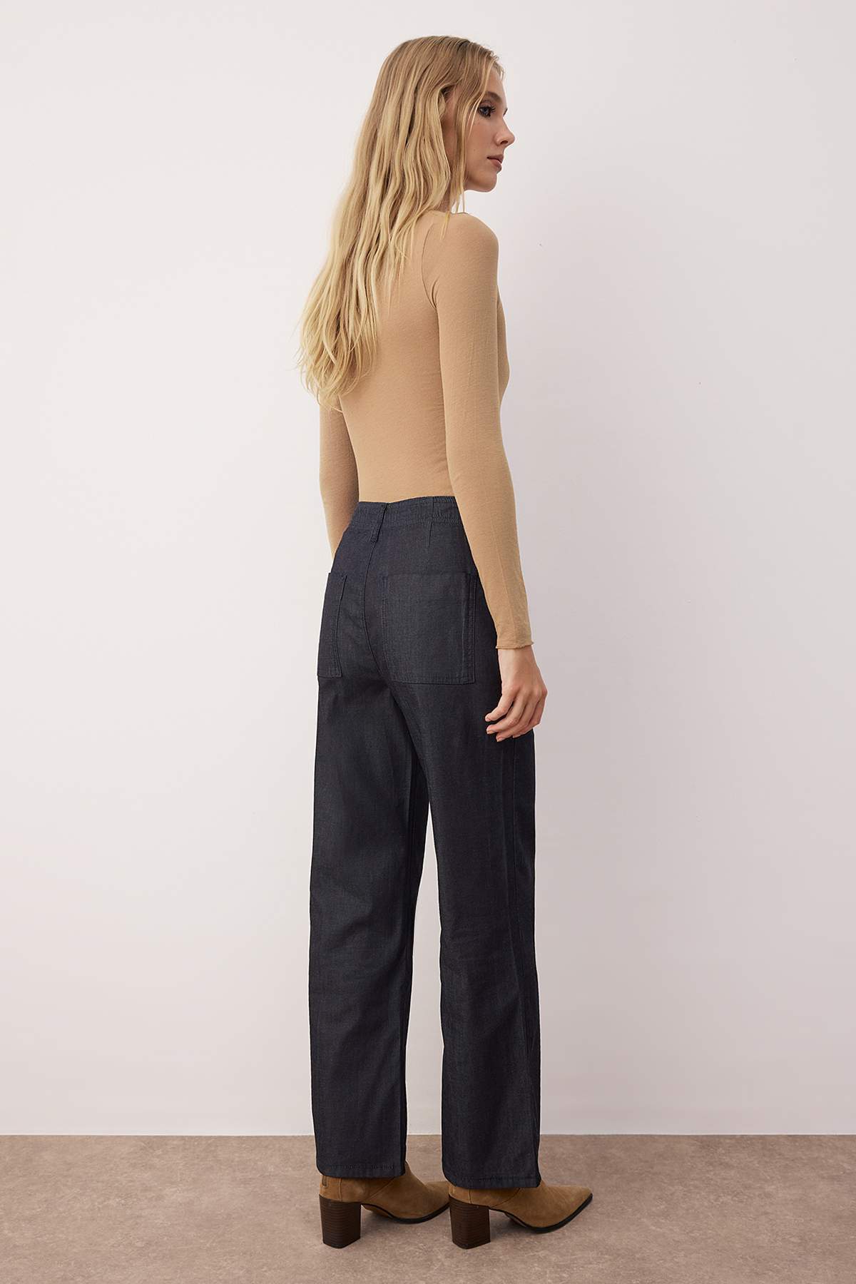 Trendyolmilla  Koyu Mavi Nervür Detaylı Yüksek Bel Comfort/Esnek Wide Leg Jeans TWOAW26JE00140 - Görsel 4