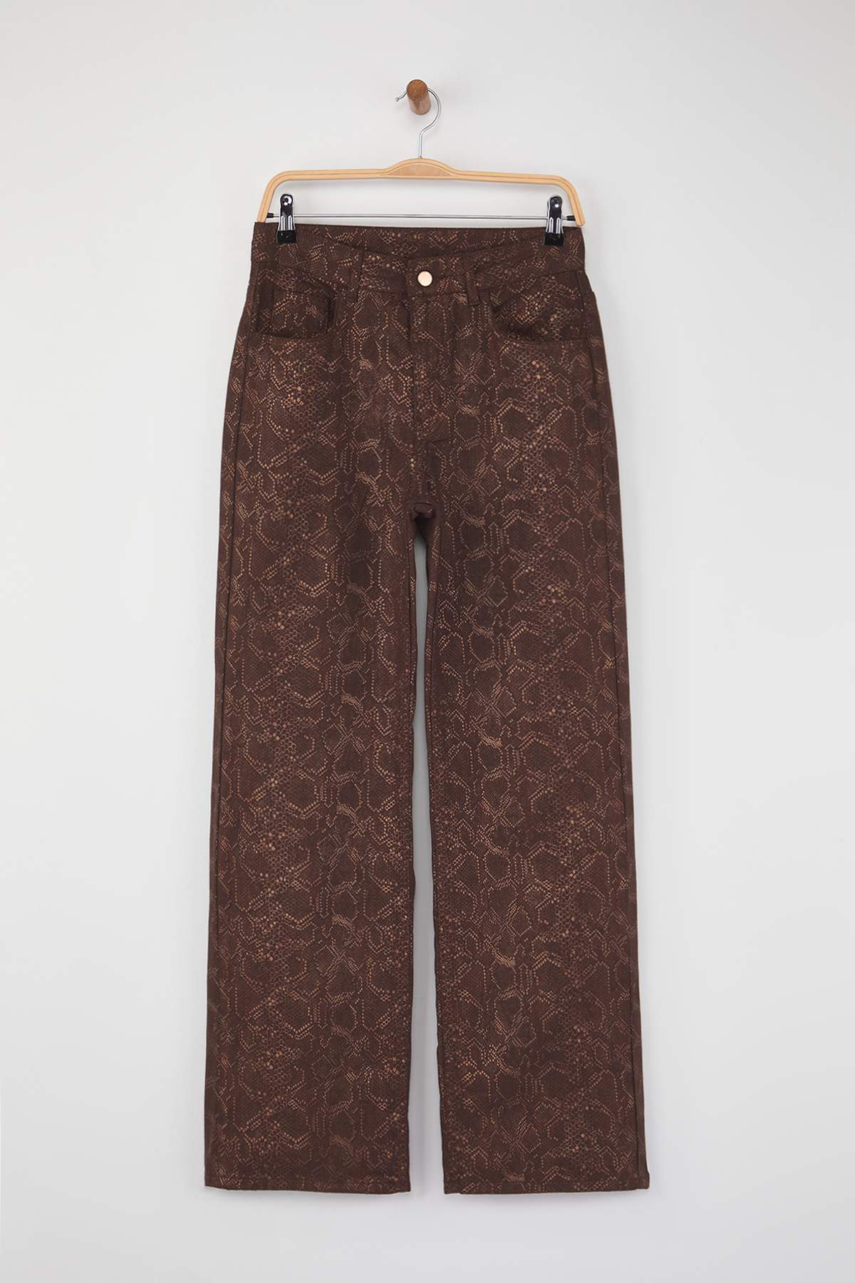Trendyolmilla  Kahverengi Yılan Desenli Yüksek Bel Wide Leg Jeans TWOAW26JE00153 - Görsel 5