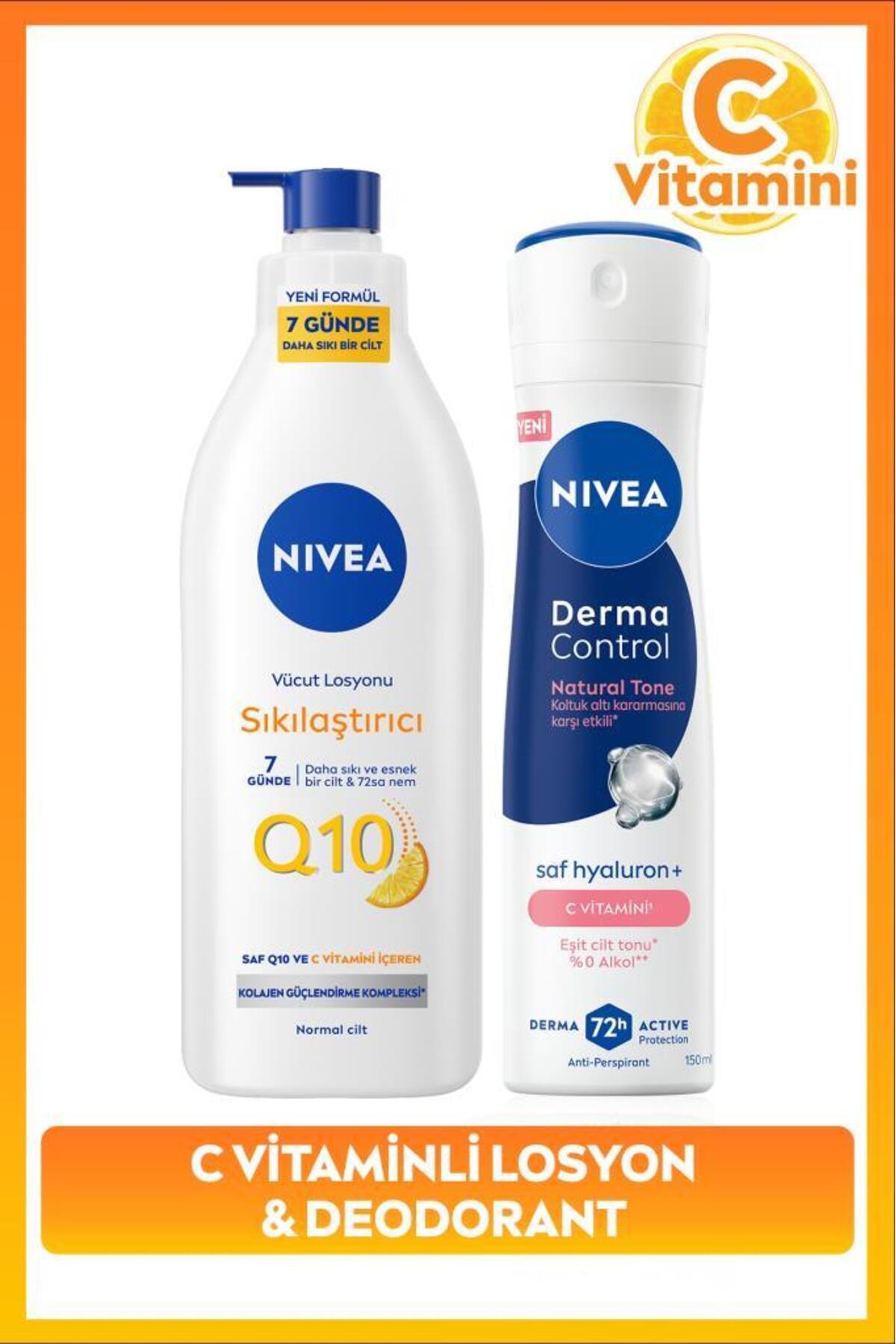 NIVEA Kadın Sprey Deodorant Derma Control Natural Tone 150ml ve Q10 Sıkılaştırıcı Losyon 400ml, C Vitamini — SET.NVE.1218