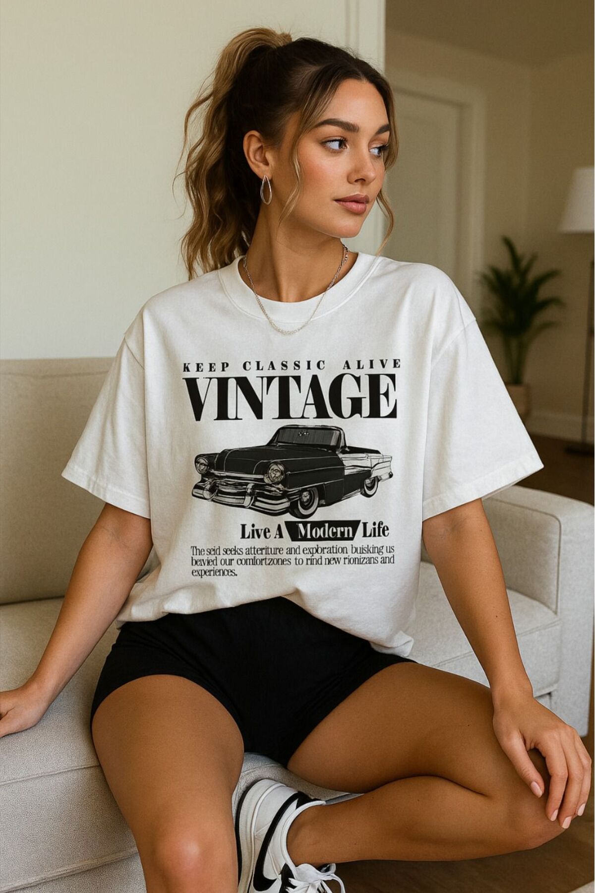 MALKOCBEY VINTAGE CAR PRINTED OVERSİZE BASIC O-NECK T-SHIRT
