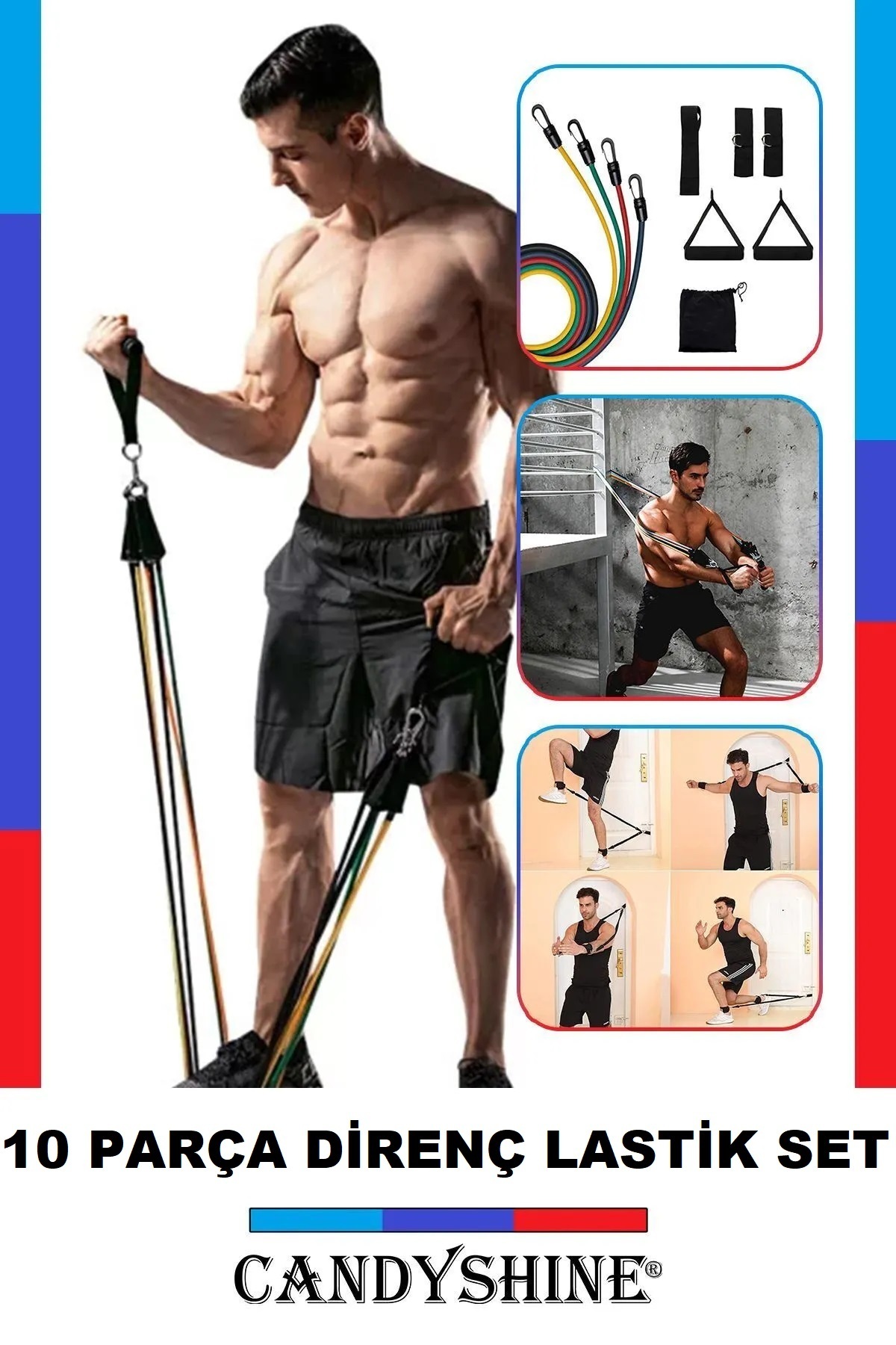 CandyShine ® 10 Parça Kondisyon Kardiyo Aerobik Fitness Egzersiz Direnç Lastiği Seti Pilates Yoga Spor Aleti