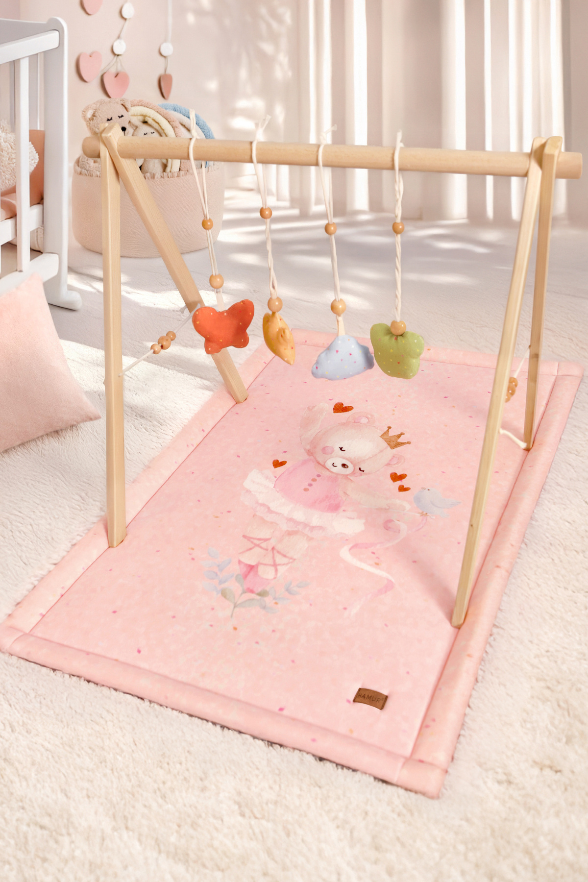 HAMUR Bebek Oyun Halısı Ahşap Oyun Matı Oyuncaklı Yenidoğan Aktivite Etkinlik Egzersiz Baby Gym Ballerina