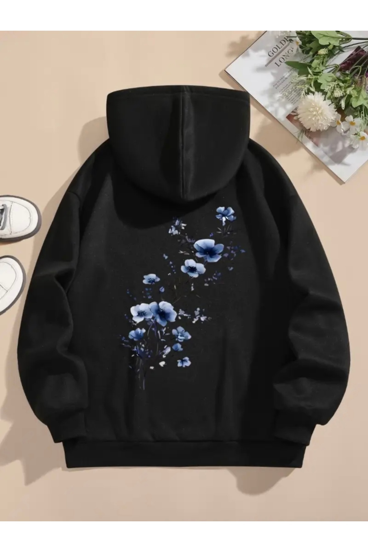 FUFLUNS Blue Flower Back Printed Oversize Unisex Women/Men Hooded Sweatshirt