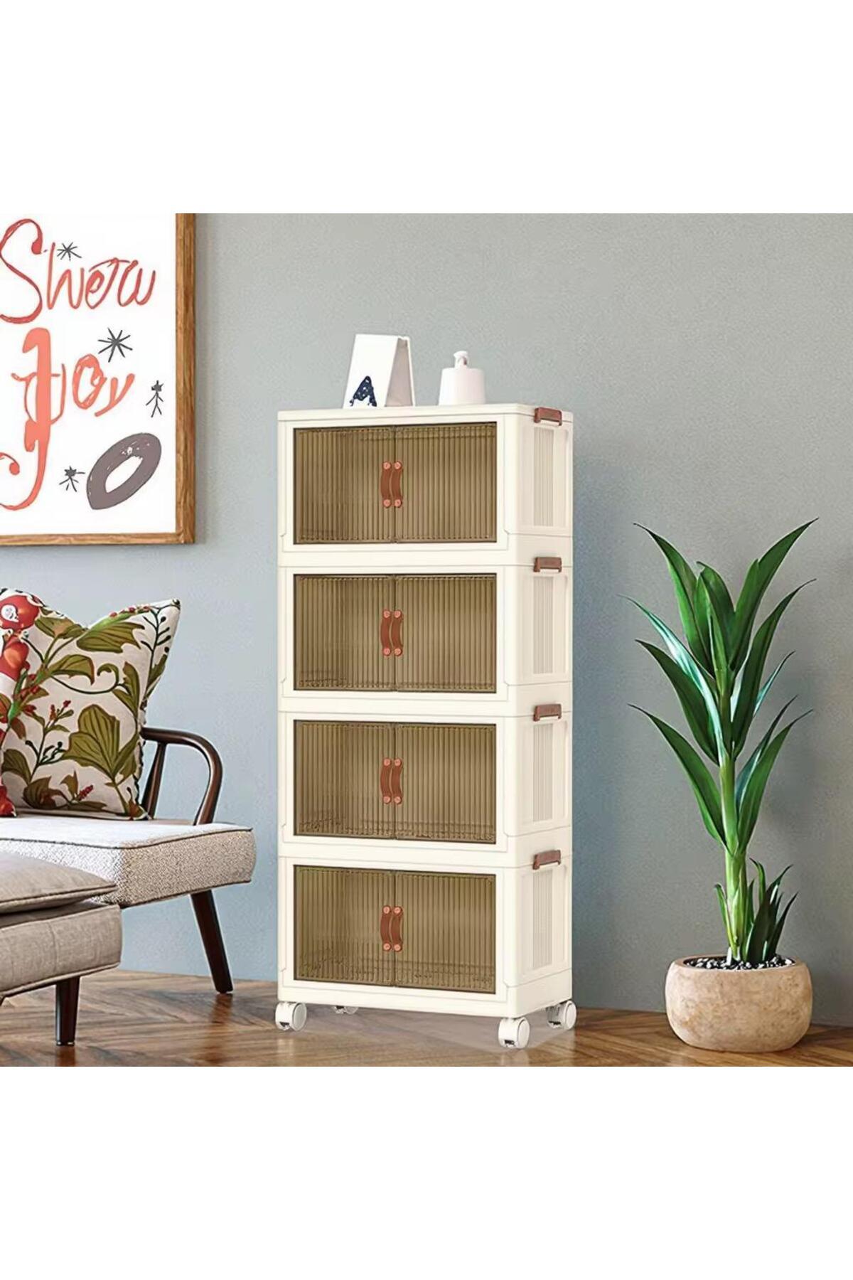 MOSTAFA-5-tier beige dotted wardrobe with wheels, brown silicone wardrobe handle, foldable, detachable and stackable 1
