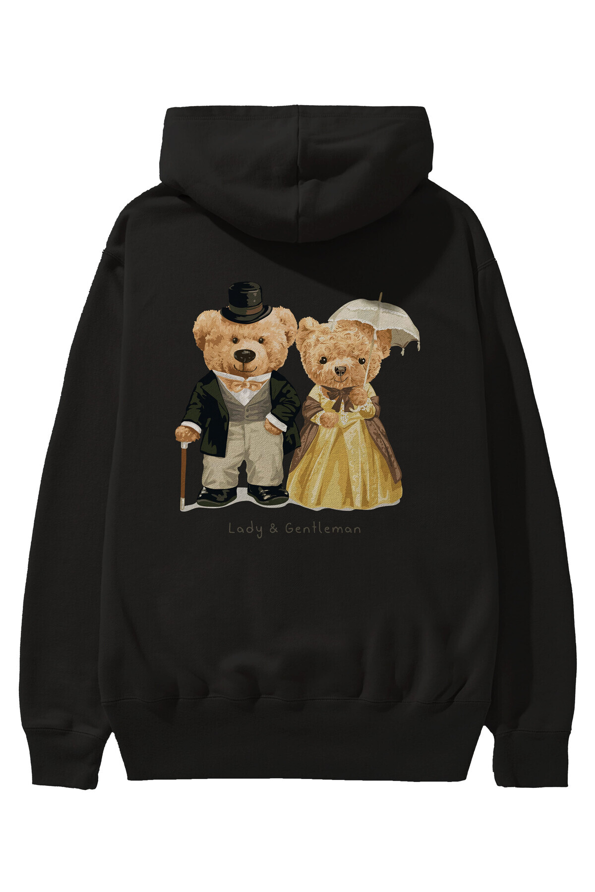 Teddy Bear Couple Back Printed Black Oversize Hooded Sweatshirt Men Women