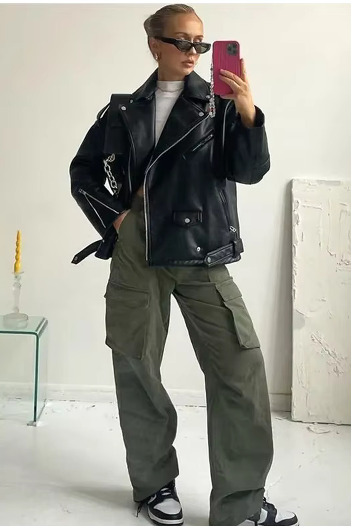 Jaglion  Elvera Oversize Uzun Kadın Siyah Deri Ceket - Görsel 5