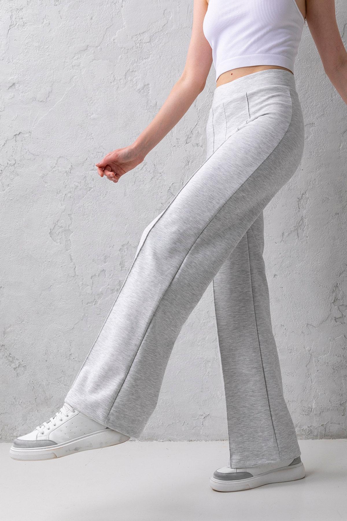 CNRCollection Kadın Gri Melanj Yüksek Bel Toparlayıcı Önü Nervürlü Geniş Kalıp Bol Paça Modal Kumaş Tayt Pantolon