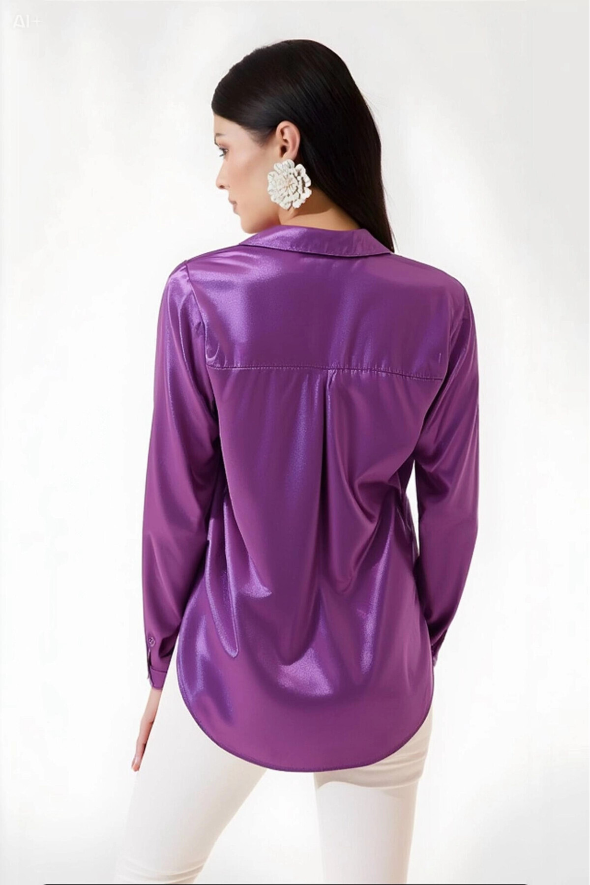 hazelin Kadın Lila Hafif Dökümlü Saten Yüzeyli Gömlek Hzl22w-bd139641 görsel 6