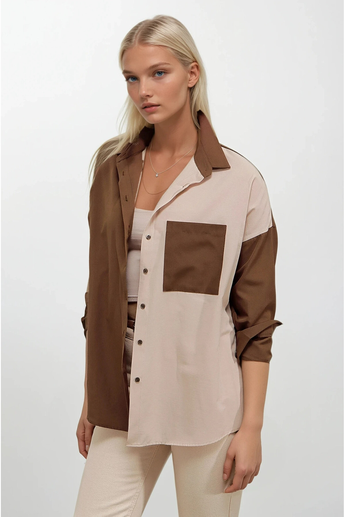 hazelin  Kadın Kahverengi Krem Renk Bloklu Poplin Basic Gömlek HZL22S-BD1201161 - Görsel 4