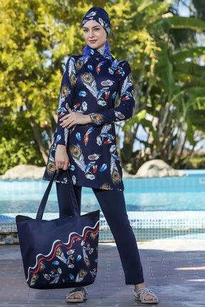 hazelin Kadın Lacivert Uzun Kollu Likralı Tam Kapalı Tüy Desenli Tesettür May...