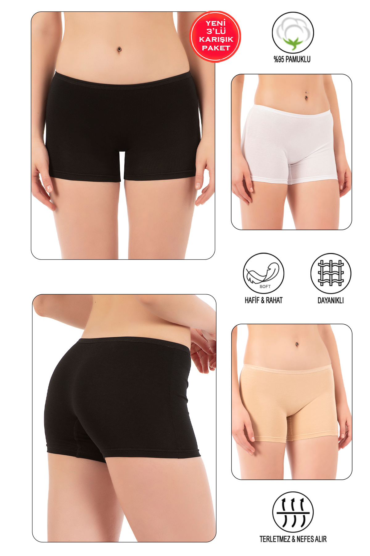 ÖZKAN underwear Özkan 0412 3'lü Paket Kadın Likralı %95 Pamuklu Süprem Karışık Renk Esnek Rahat Boxer Şort Tayt