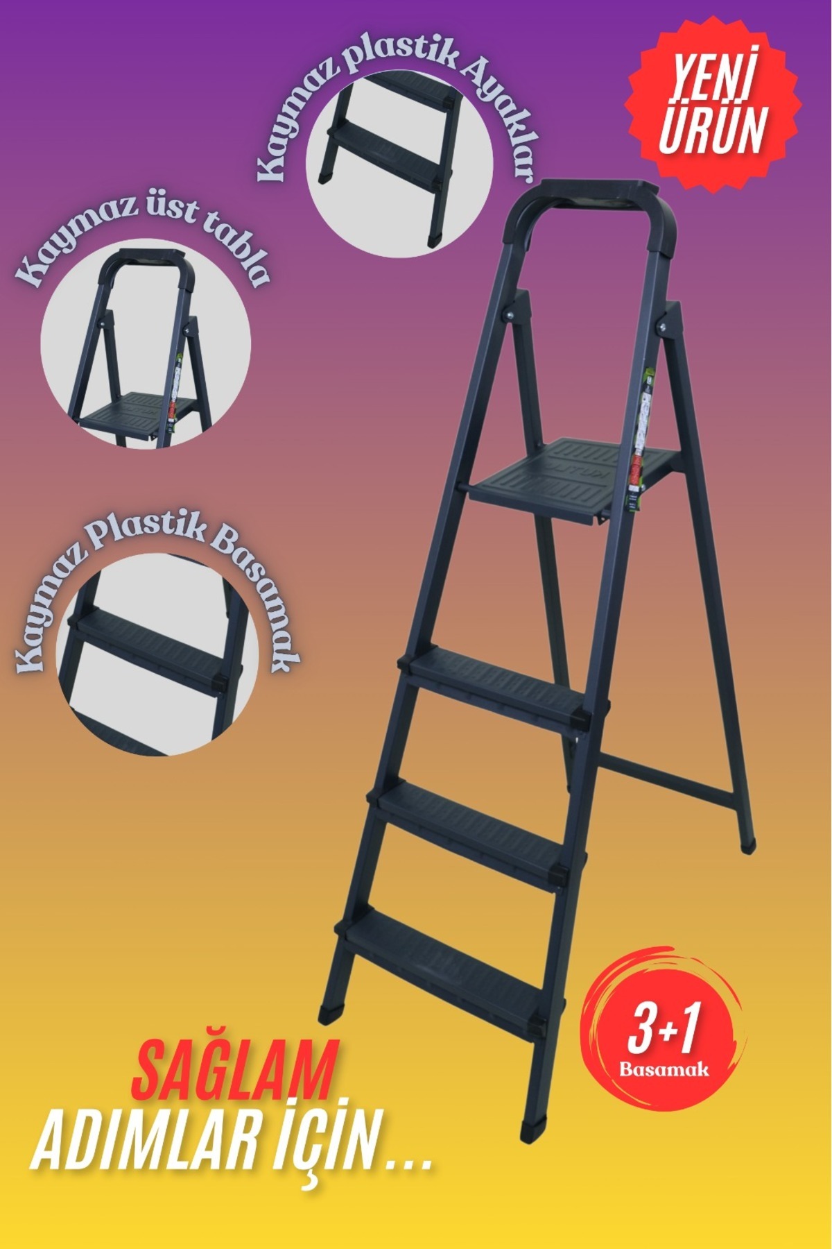 HOMTİVA 3+1 Merdiven 4 Basamaklı Antrasit-Siyah