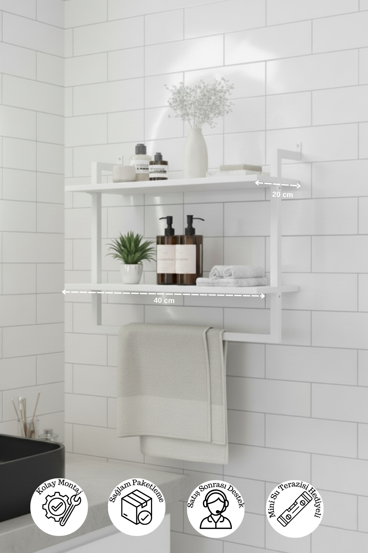 Euromob 40x20 cm Banyo Rafı Duvara Monte Havluluk 2 Katlı Dekoratif Düzenleyici Organizer Beyaz Metal