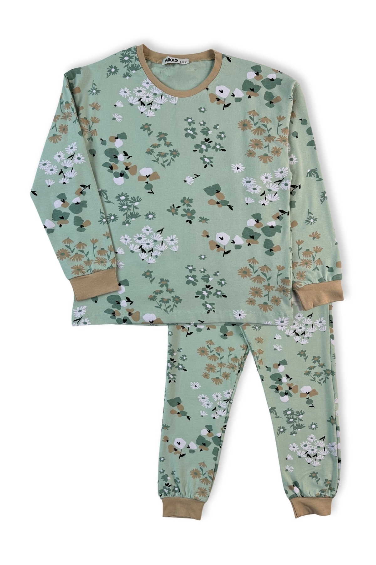 MK Mukko Kids Çocuk Pijama Takımı - Kız Çocuk Yeşil Çiçek Desenli Mevsimlik Pamuklu Terletmez Pijama Takımı fotoğrafı 2 (önizleme)