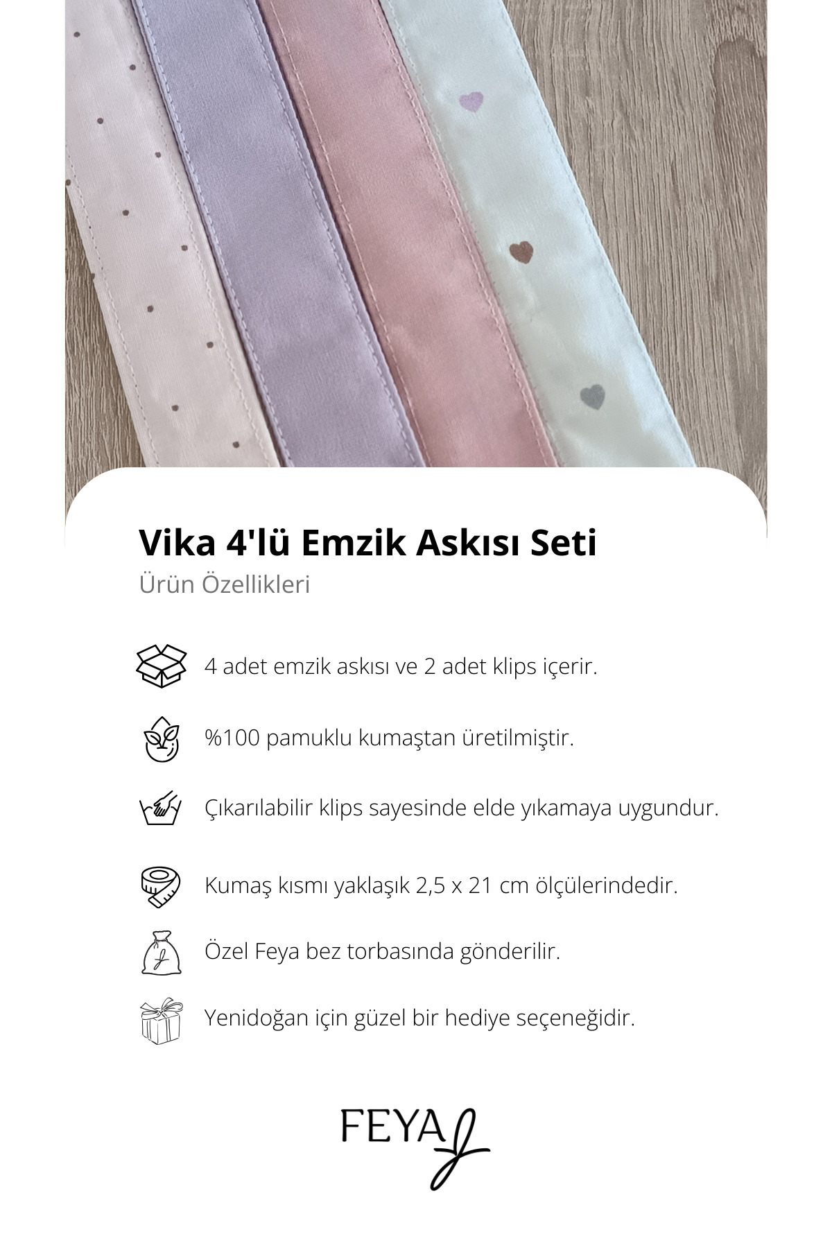 Feya Vika 4'lü Kalp & Nokta Desenli & Düz Pamuklu Yıkanabilir Emzik Askısı - Beyaz, Pudra, Pembe, Lila fotoğrafı 2 (önizleme)