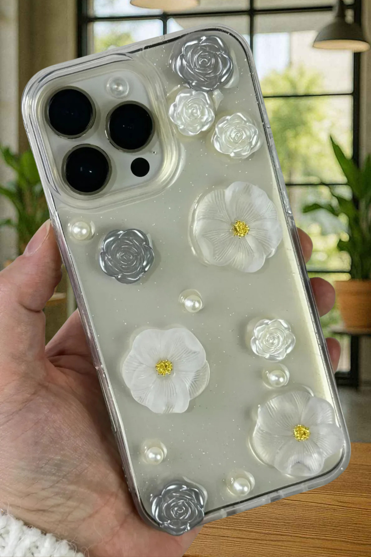 iPhone 16 Pro - Transparent Elegant, Stylish and Modern Design Awarded Pearl Case with 3D Flower Pattern