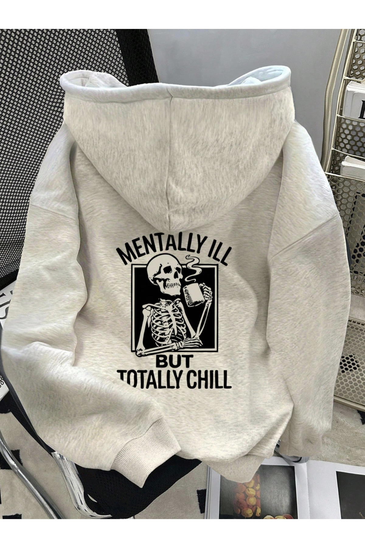 Unisex Erkek/Kadın Renkli MENTALLY Özel Baskılı Pamuklu Oversize Kapüşonlu Sweatshirt — خاکستری MENTALLY-SWEAT-KAPÜŞONLU-COHERENT-