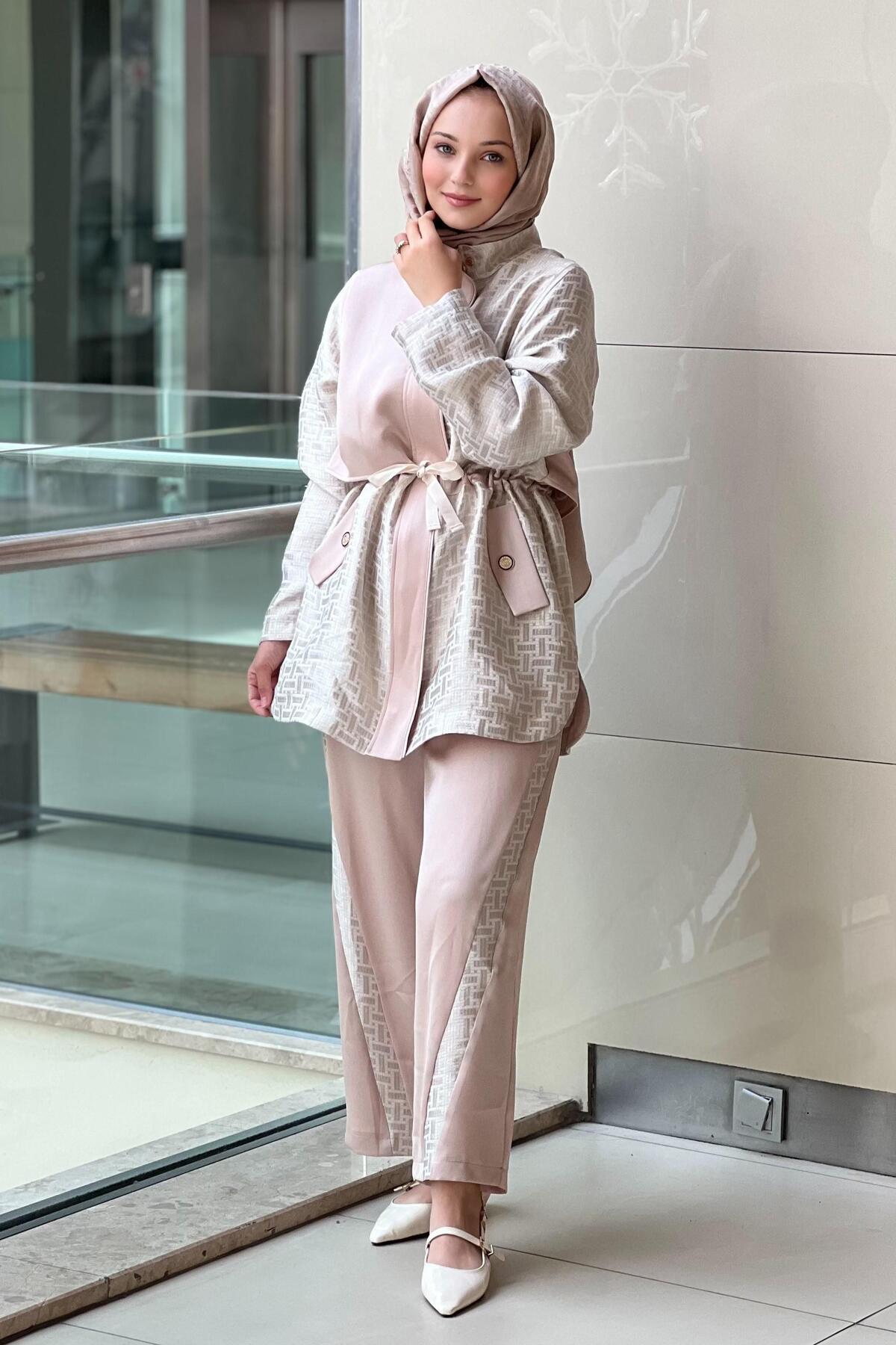 Ghisa-Self-Patterned Drawstring Waist Zippered Cap Pants Set 3