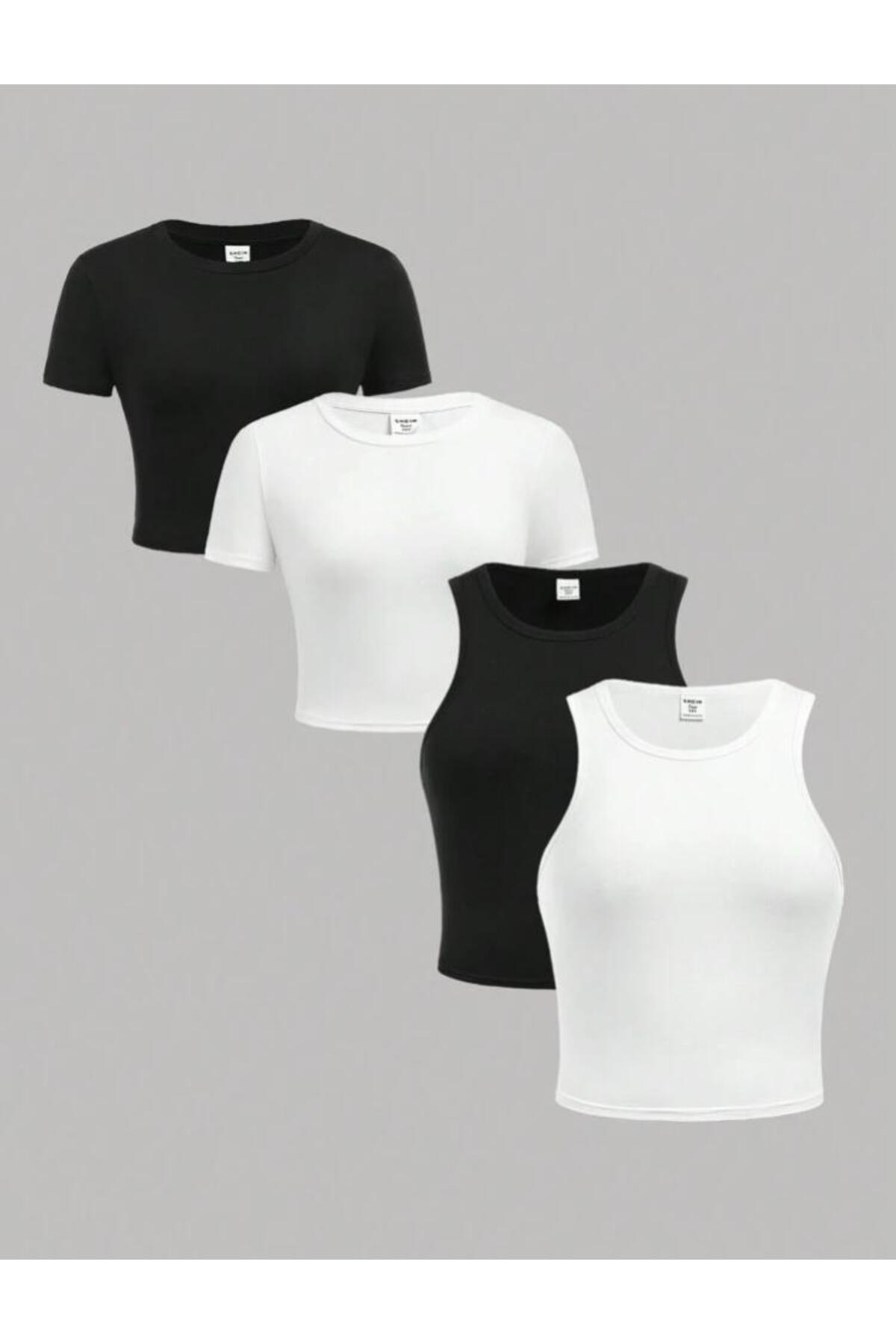 MİLYA&GYM  Kadın 4'lü paket vücudu saran pamuklu BİSİKLET YAKA T-SHİRT-ATLET set crop bluz