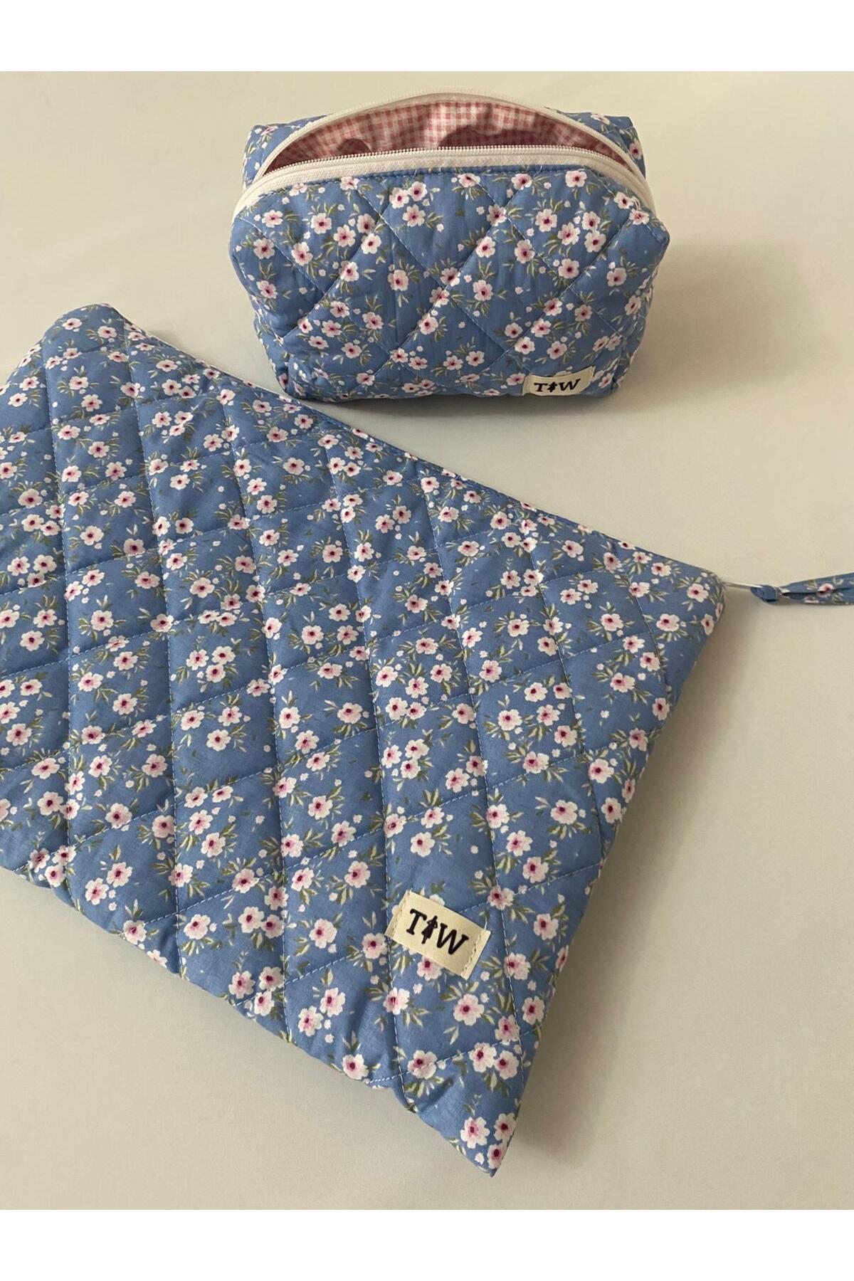 TALL WAY Pembe çiçek desenli Laptop kılıf - kalem çantası set (10-11-12 inç)