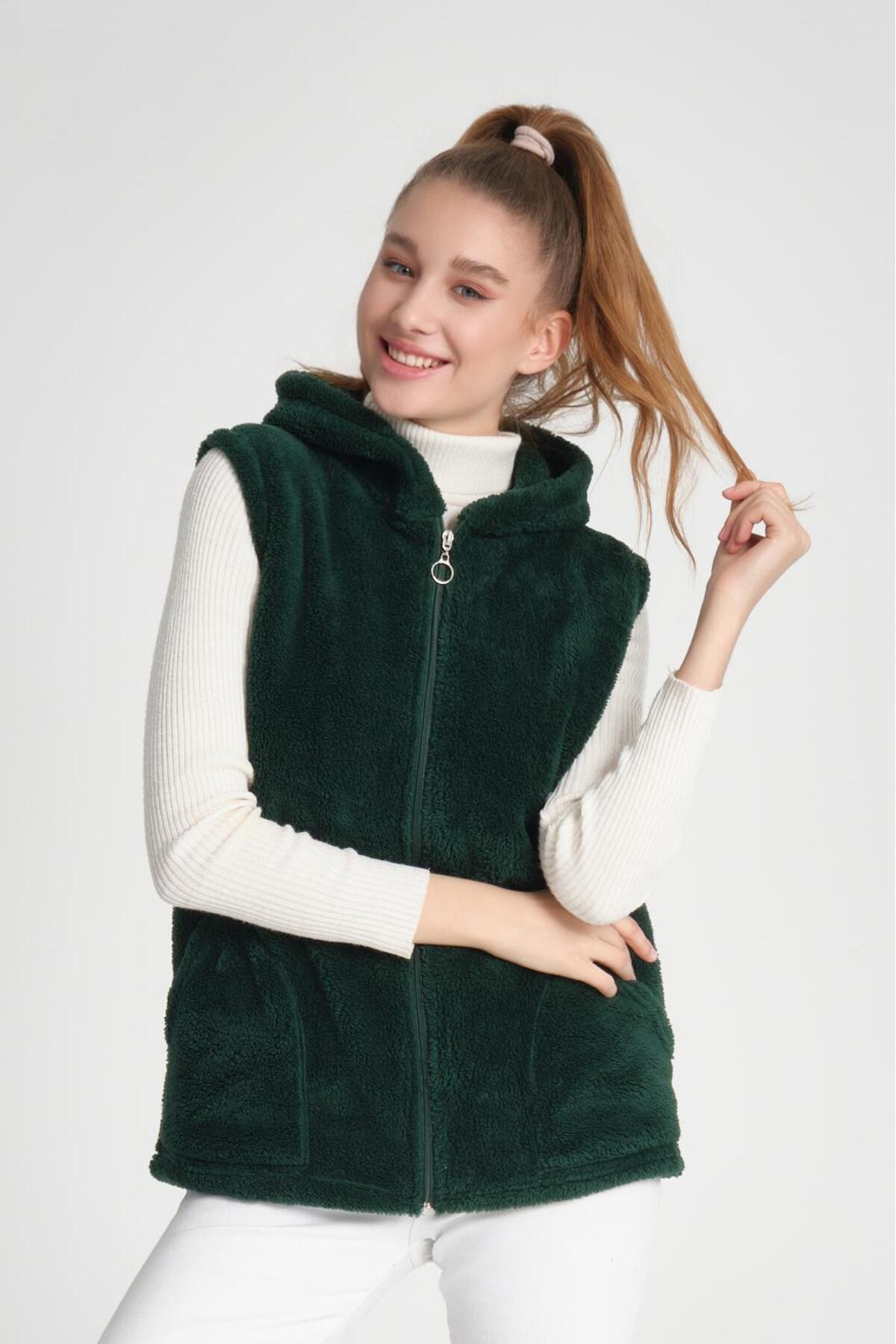 MODA VUSLAT Kadın Zümrüt Yeşili Kısa Polar Yelek