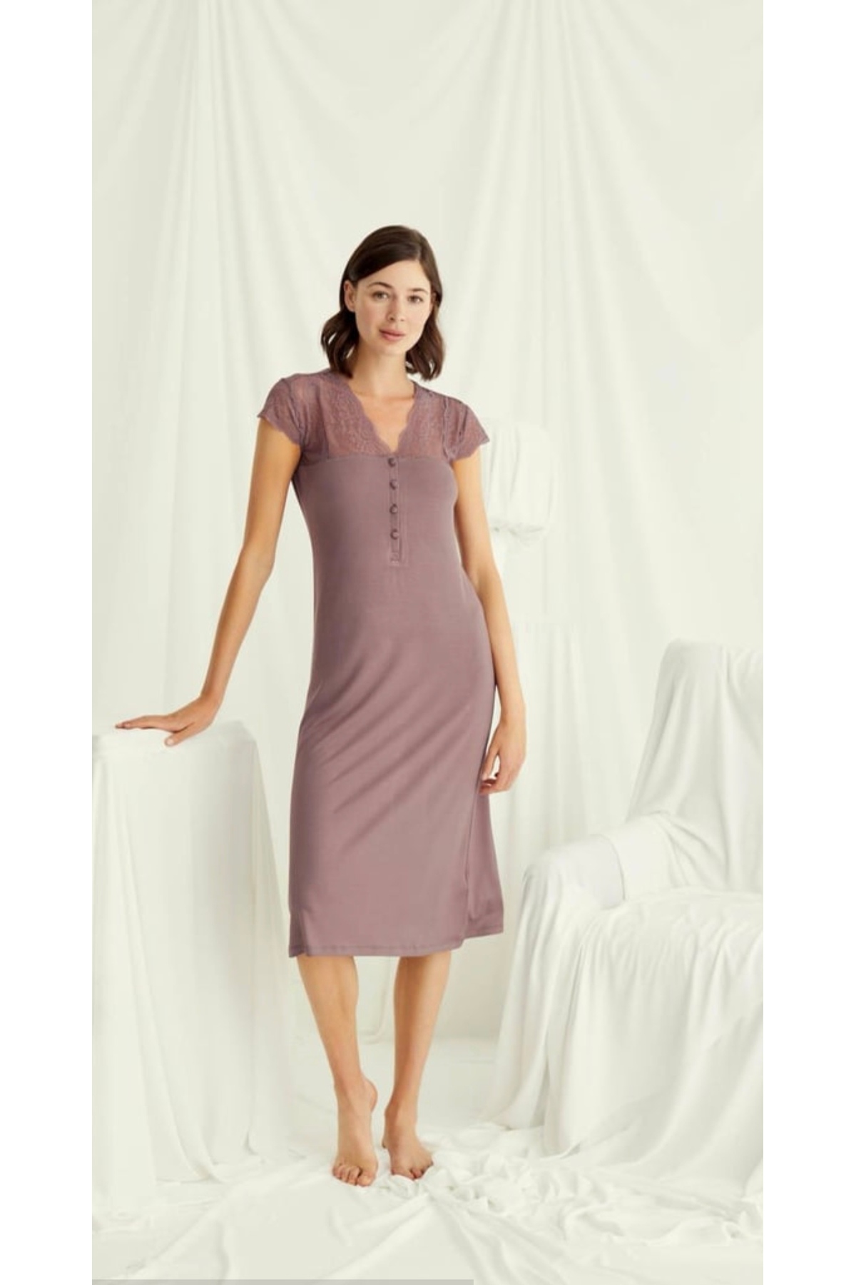 NightLove Monamise Dantelli Önü Düğmeli Uzun Gecelik 18511