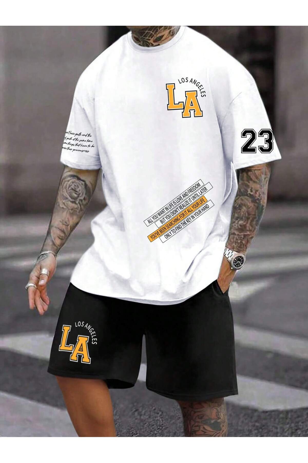Genel Markalar Erkek Yazlık Rahat Kısa Kollu Harf Baskılı Tişört ve Şort Takımı