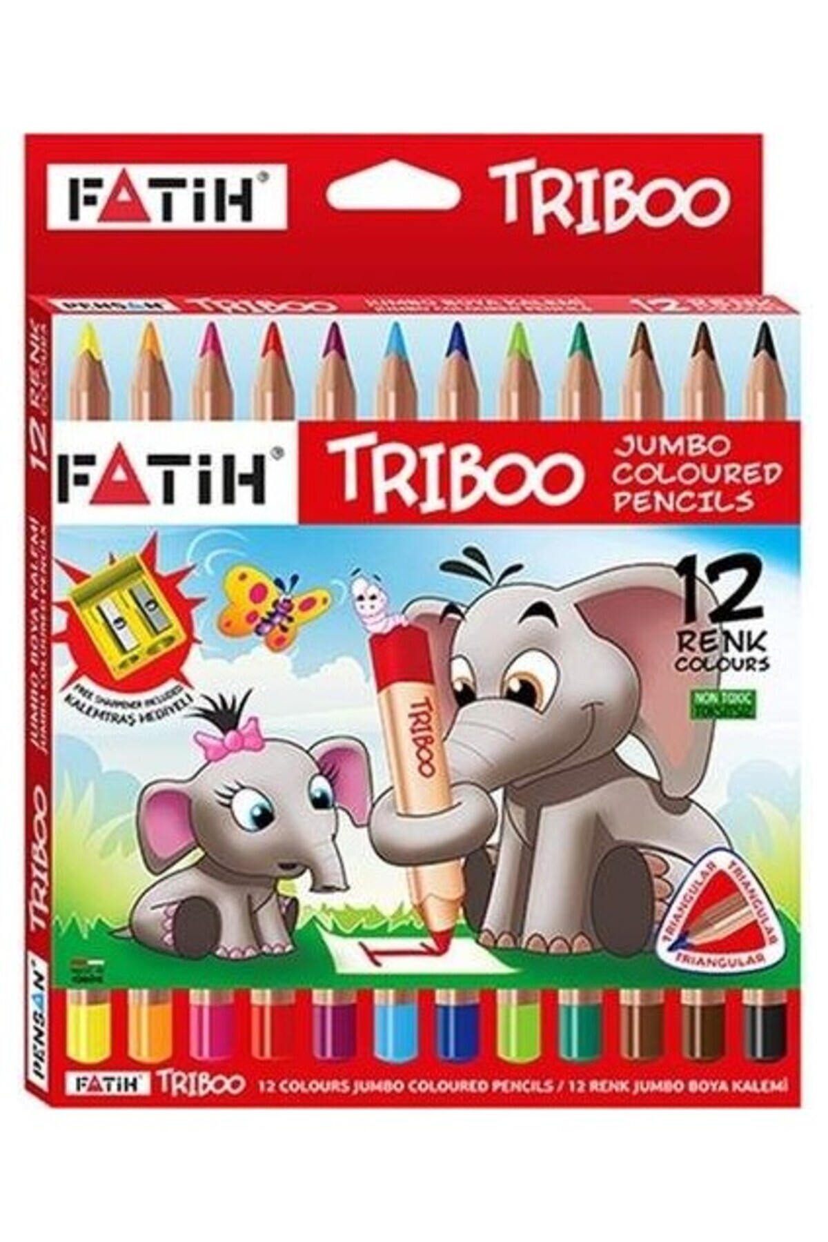 Fatih Triboo Natural Jumbo Tam Boy 12'li Kalemtraşlı Canlı Renkli Kuruboya Kalem Seti
