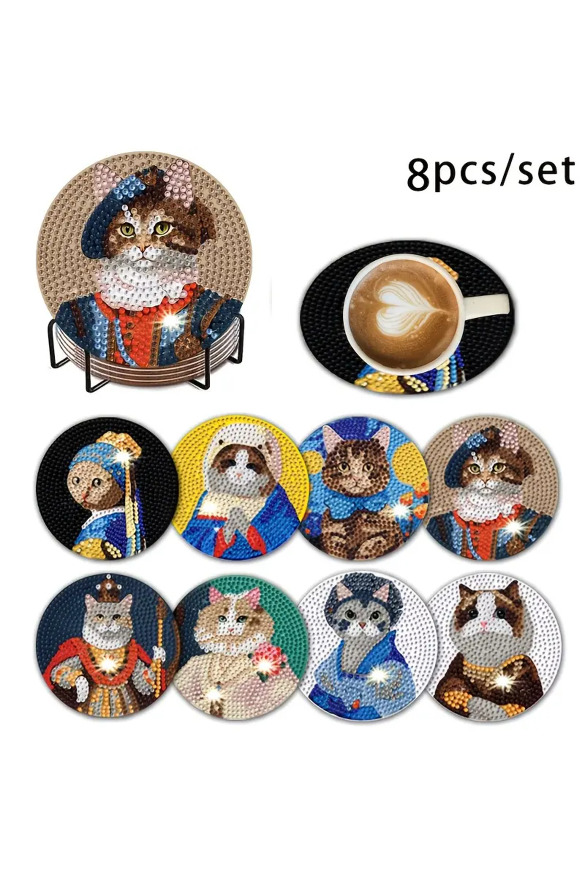 Genel Markalar Kedi Desenli Elmas Boyama Bardak Seti 8 adet, Yetişkin Mozaik DIY Tam Matkap Seti hediye hobi