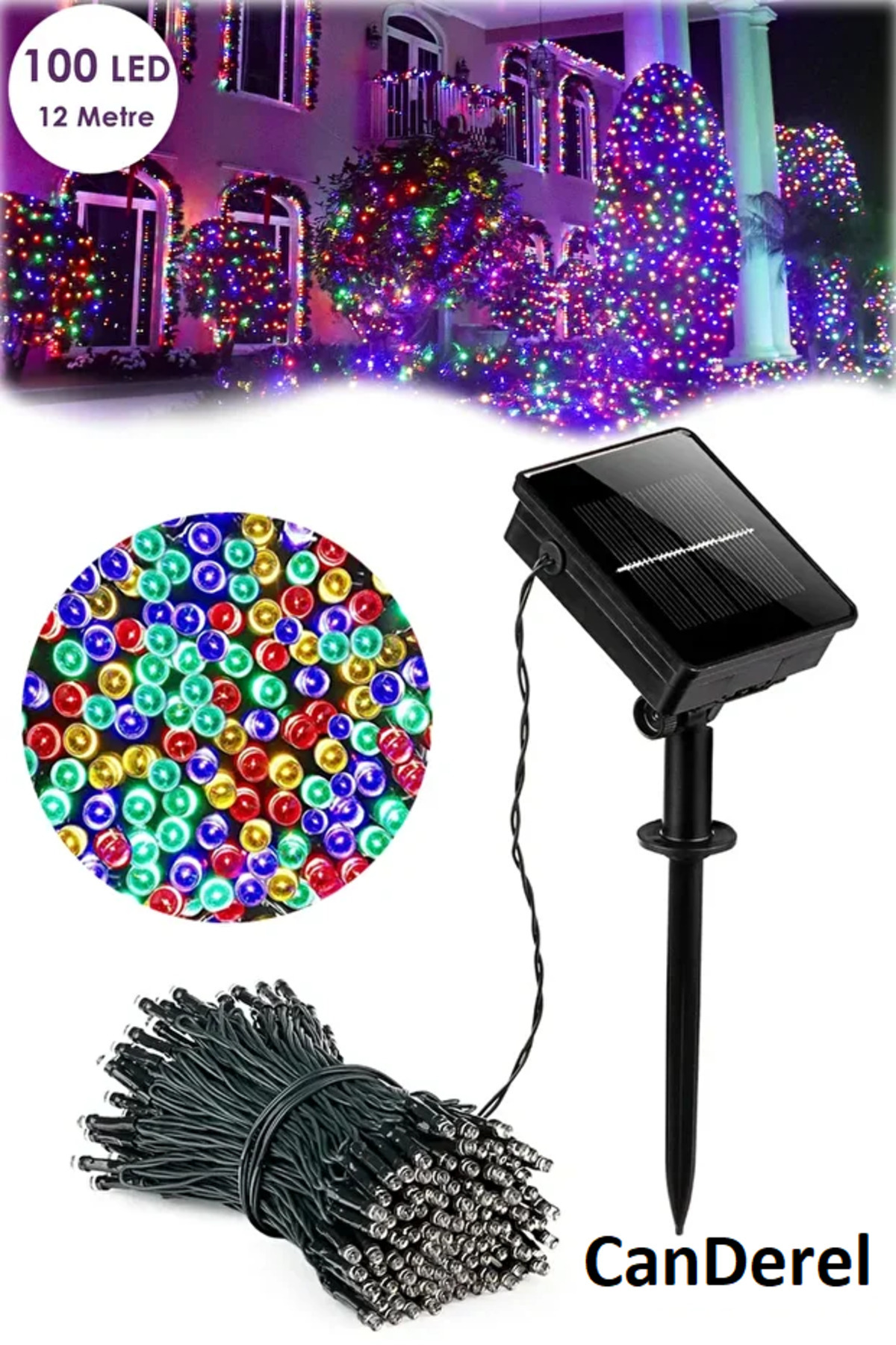 Canderel 100 Ledli 12 Metre Solar Şerit Led Rgb Bahçe Dekorasyon Aydınlatma Led Renkli Işık Güneş Enerjili