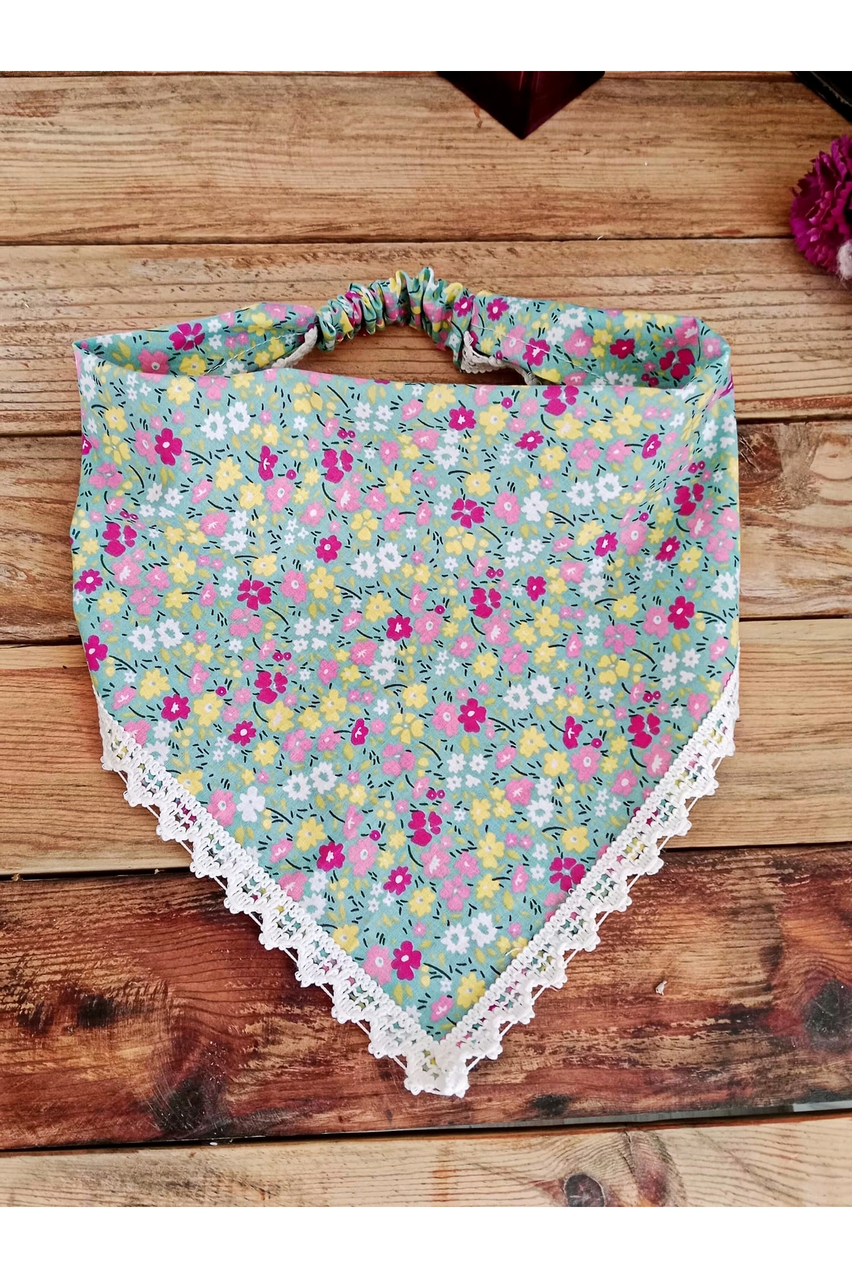 Ice Blue -Floral Pattern - Lace Detail - Elastic Bandana