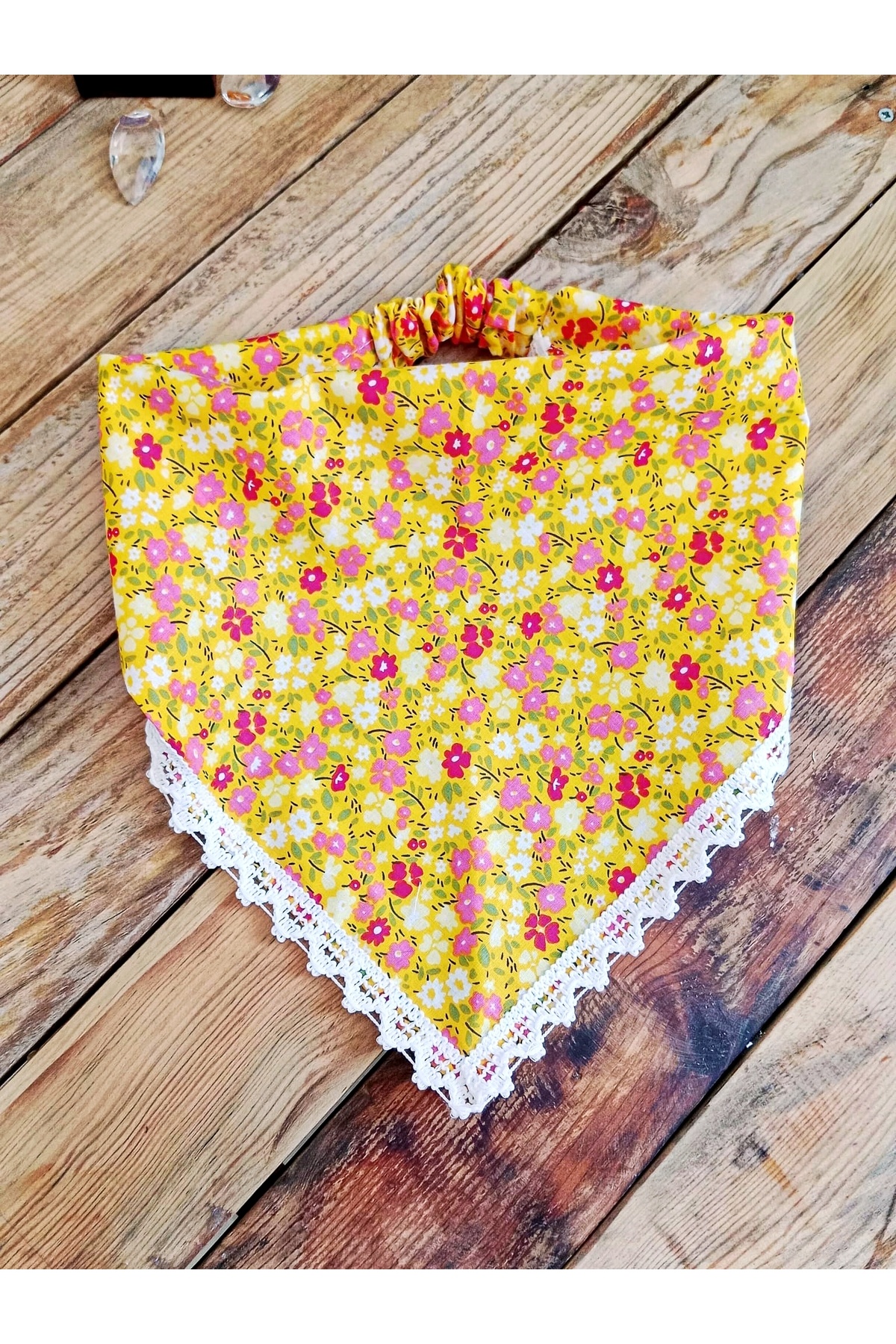 Floral Patterned Yellow - Lace Detail - Elastic Bandana