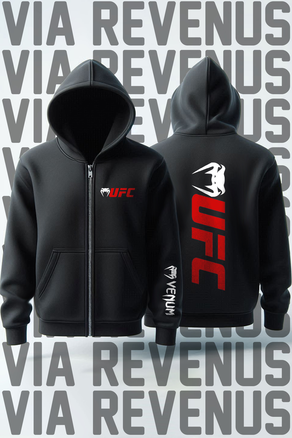 Ufc Ön Ve Arka Baskılı Unisex Fermuarlı Kapüşonlu Sweatshirt Hırka — مشکی FK3108UFC