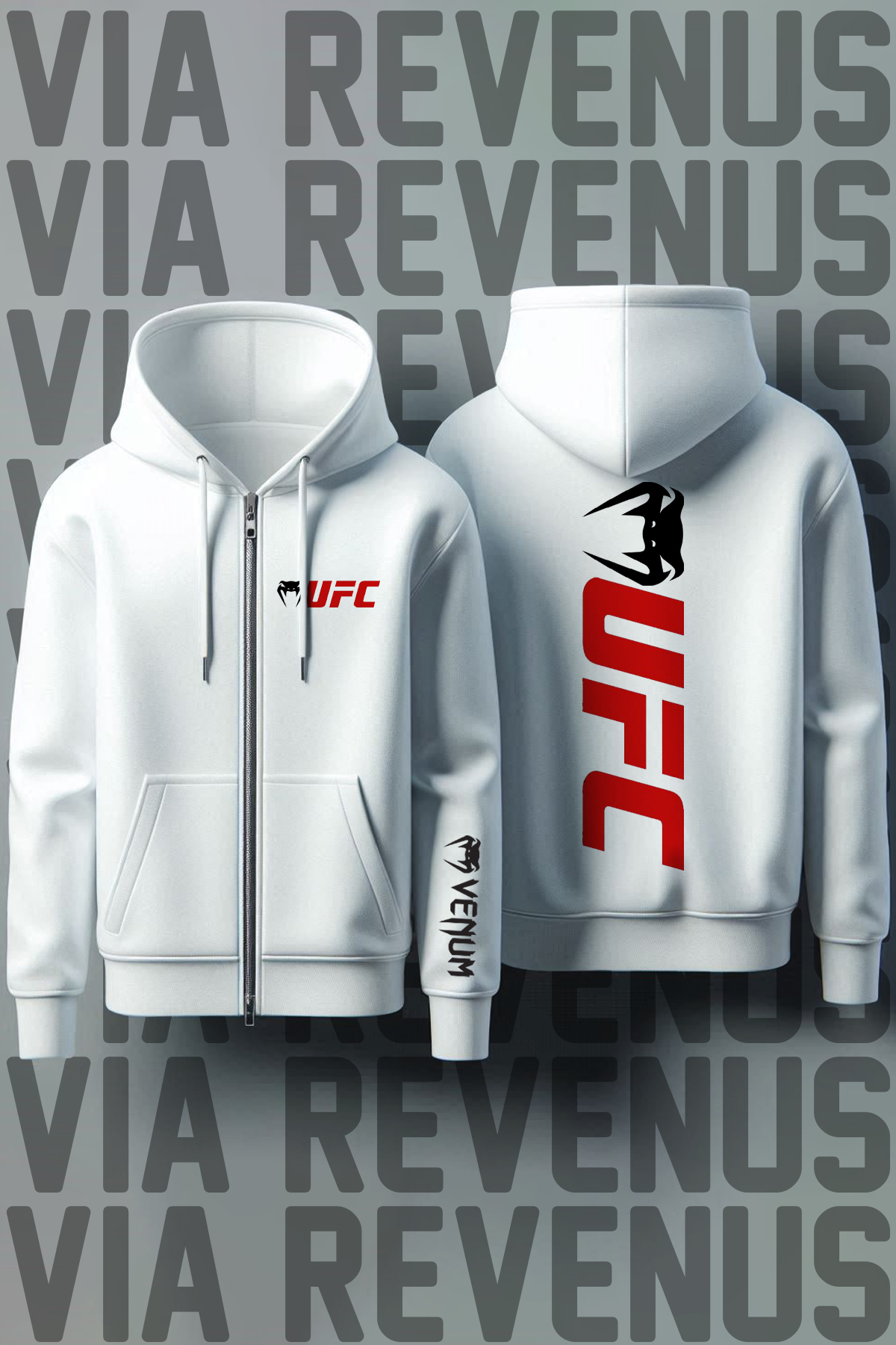 Ufc Ön Ve Arka Baskılı Unisex Fermuarlı Kapüşonlu Sweatshirt Hırka — سفید FK3108UFC