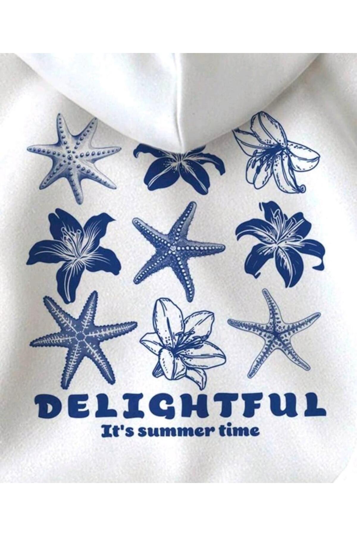 Elvino  Deniz Yıldızı ve Çiçek Baskılı Kadın Oversize Kapüşonlu 3iplik Beyaz Sweatshirt - Görsel 2