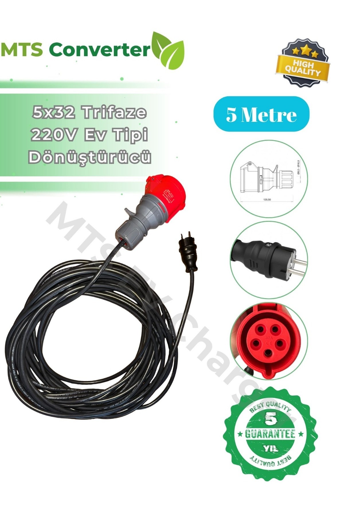 MTSevcharger 5*32 Trifaze Monofaze 220 V ev prizi dönüştürücü 5 Metre Taşınabilir Elektrik Araç Şarj Cihazı