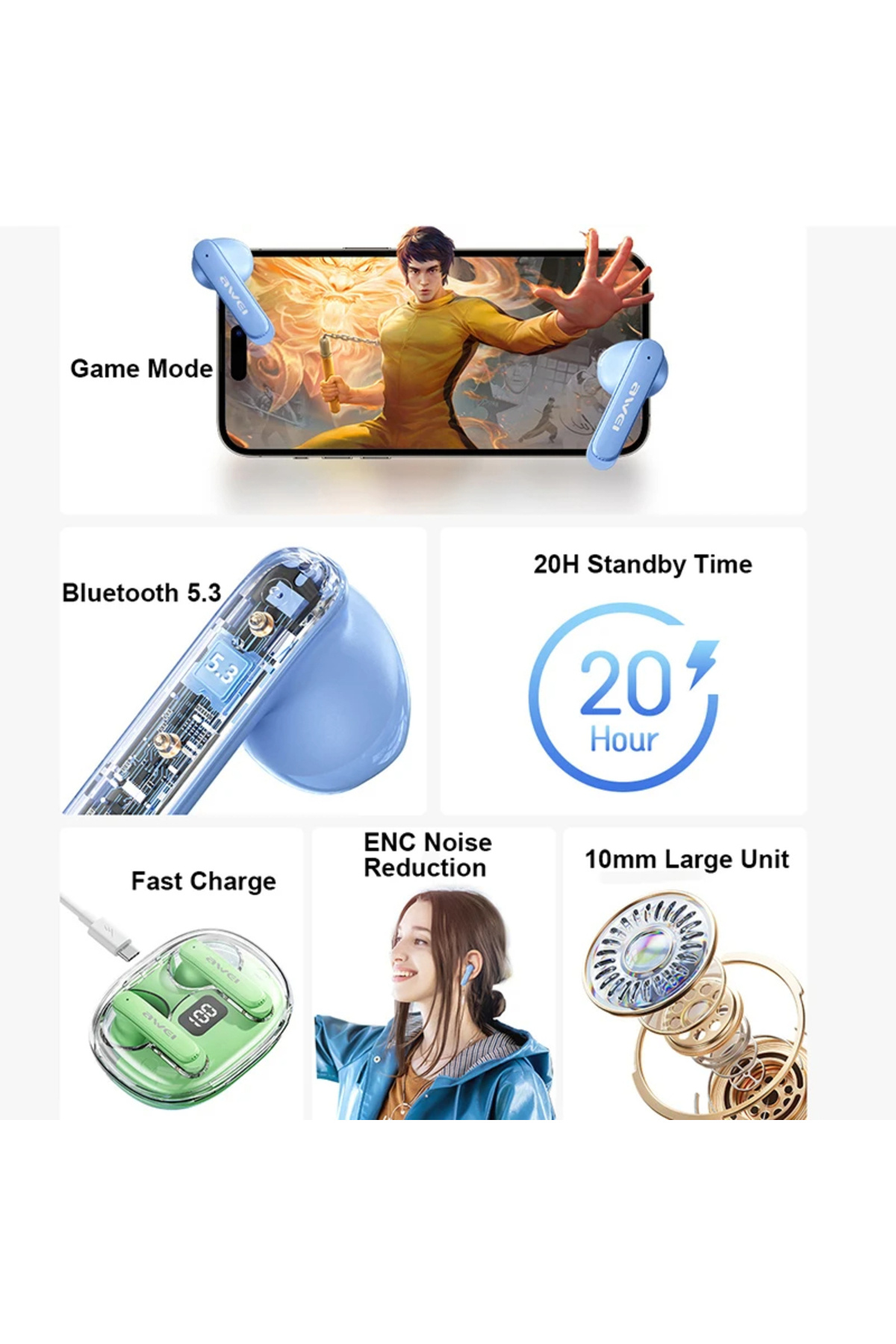 AWEI-T86 Wireless Bluetooth Earbuds, ENC Noise Canceling HiFi Stereo with Display Case 7