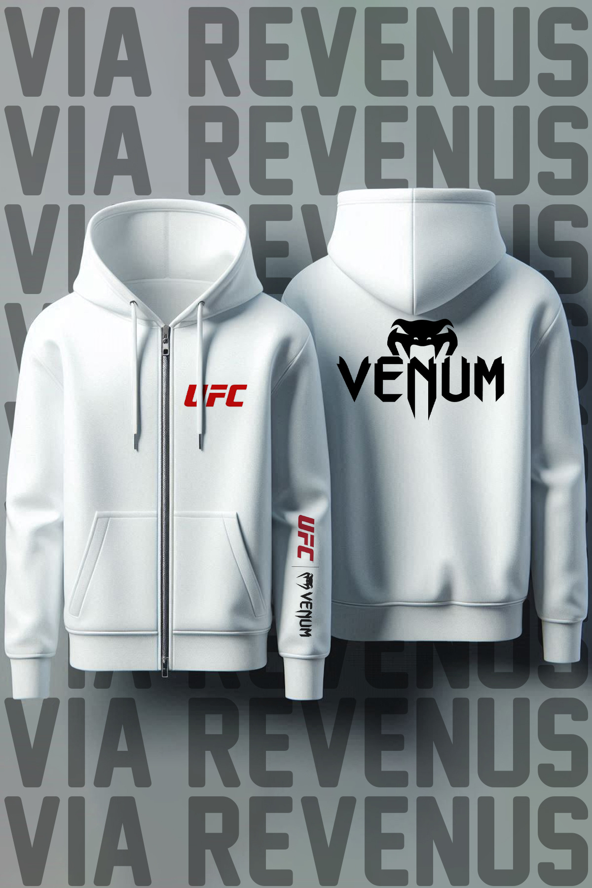 Vordevia UFC Ön Ve Arka Baskılı Unisex Fermuarlı Kapüşonlu