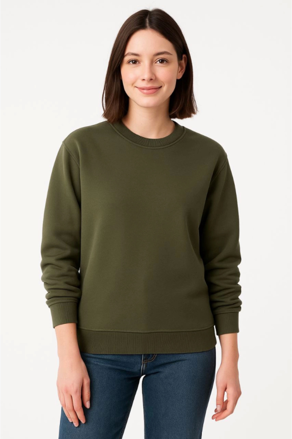 Üç İplik Düz Bisiklet Yaka SweatShirt - Haki