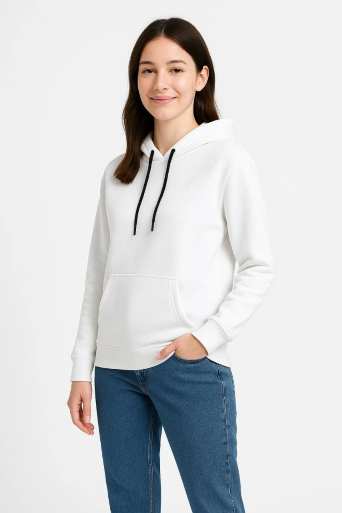 Üç İplik Kapüşonlu Kanguru Çepli SweatShirt Hoodie - Beyaz