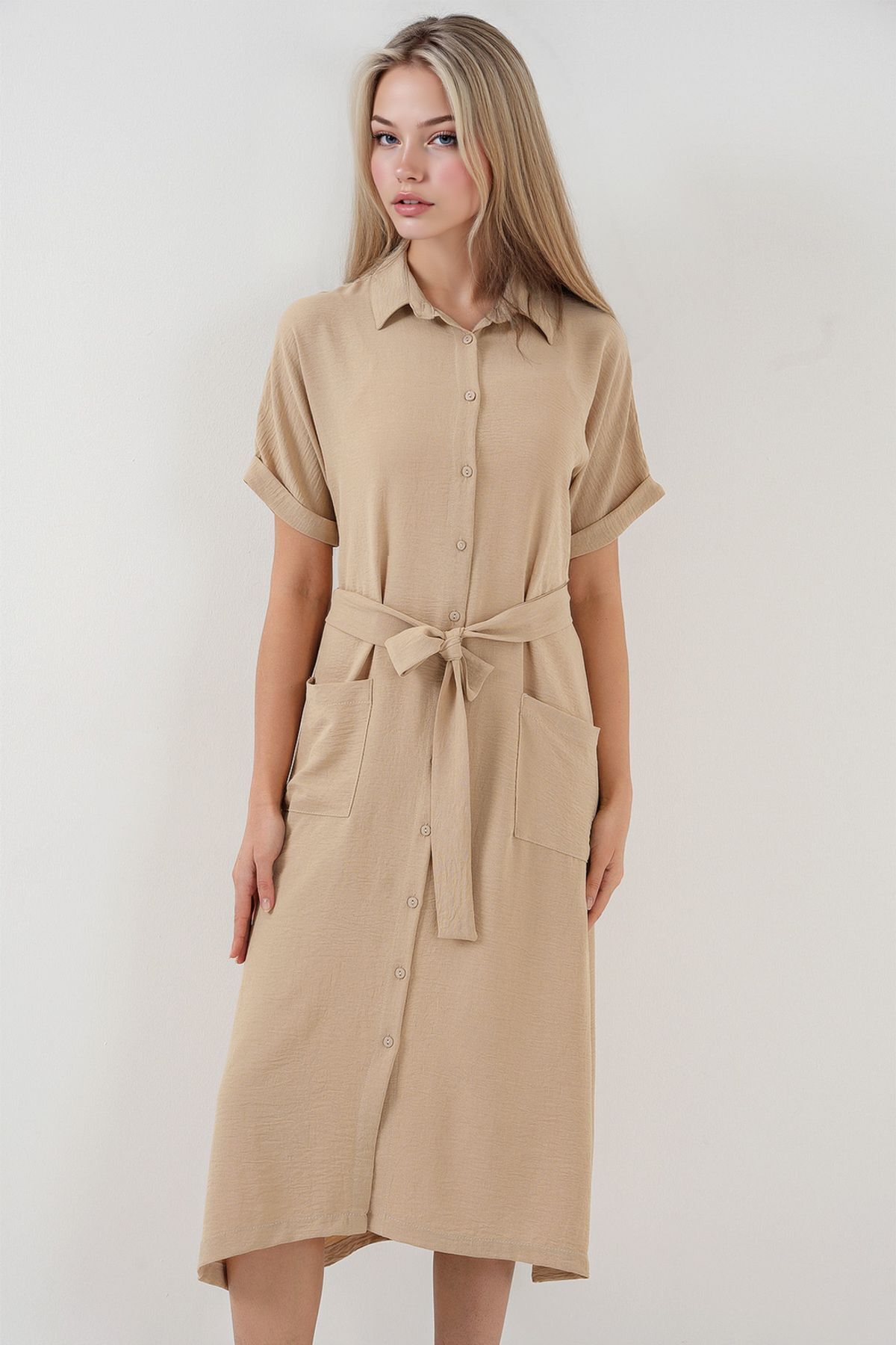 Hiccup-Bdart Textured Midi Dress with Buttoned Collar and Pockets 4