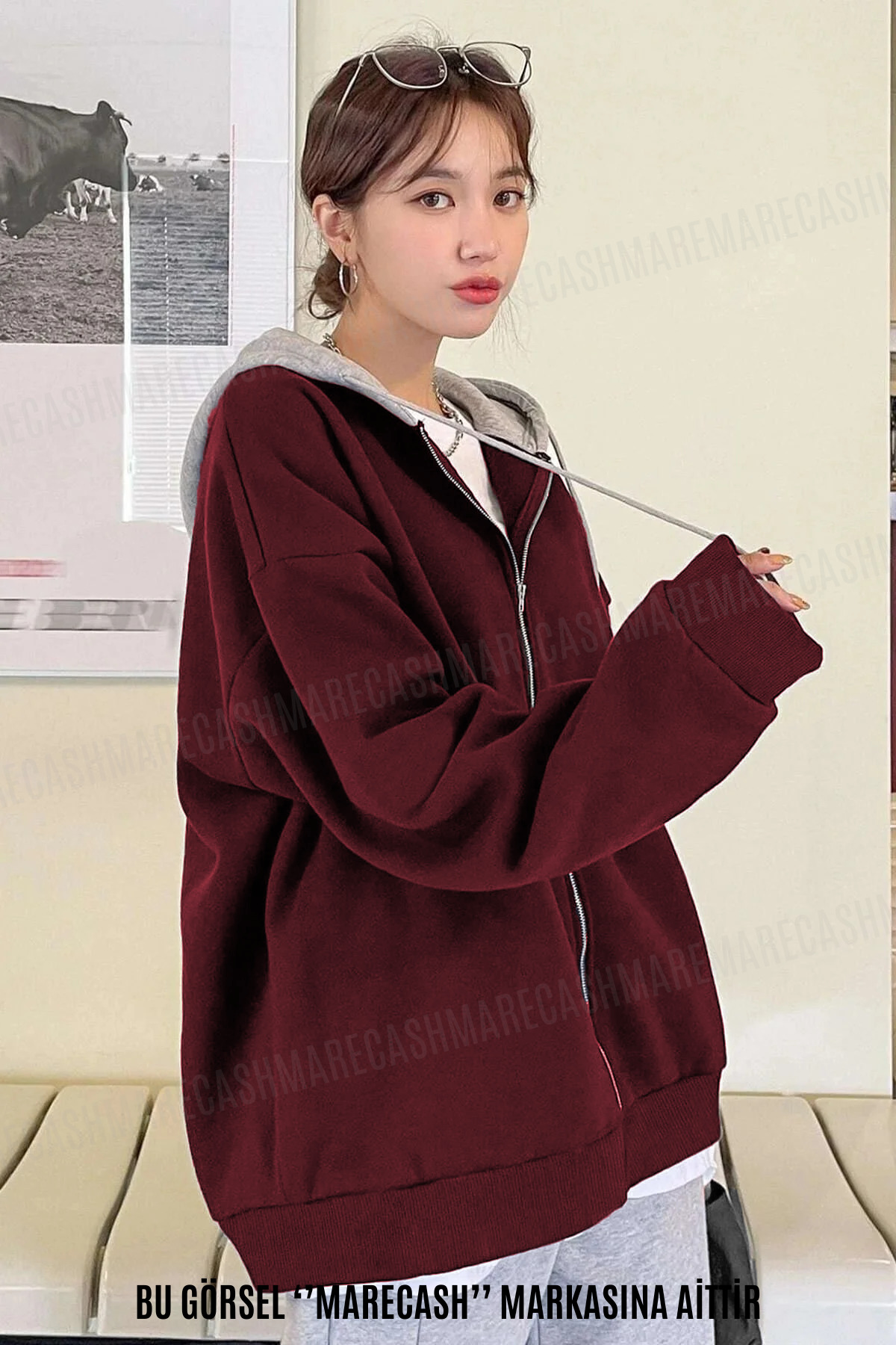 MARECASH  Unisex Bordo Gri Kapüşonlu Oversize Hırka Zip 2 Iplik Orta Kalınlık - Görsel 5