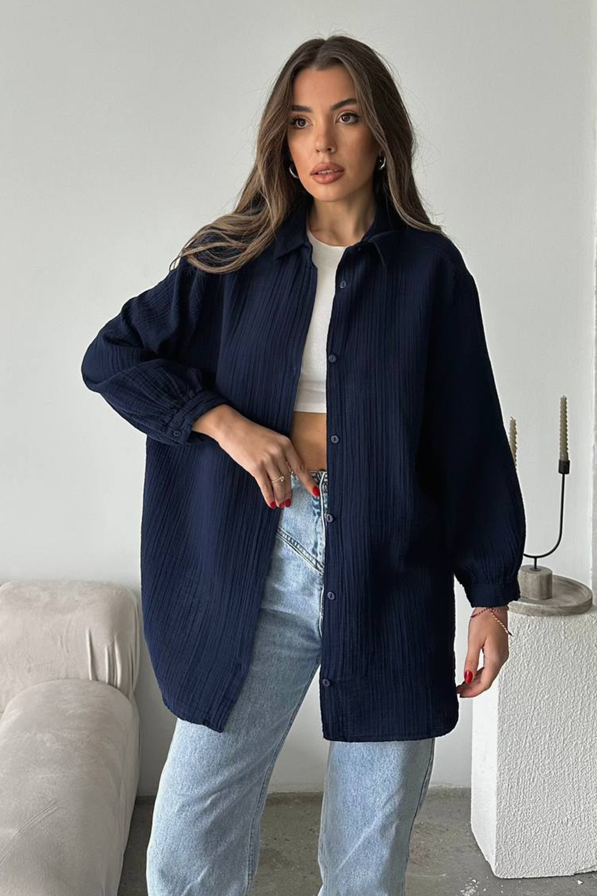 GİYSA Kadın Uzun Kollu %100 Pamuklu Oversize Gömlek Lacivert - 26K 2012
