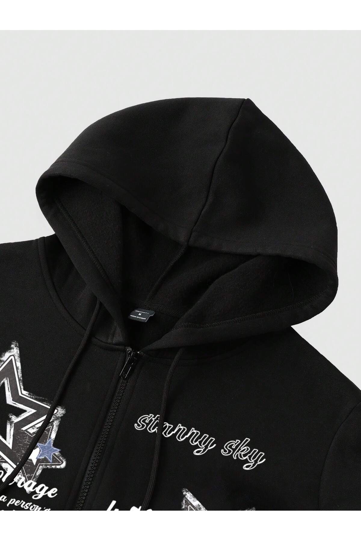 Deocept  Unisex Fermuarlı Baskılı Kapüşonlu Cepli Sweatshirt Ceket - Görsel 3