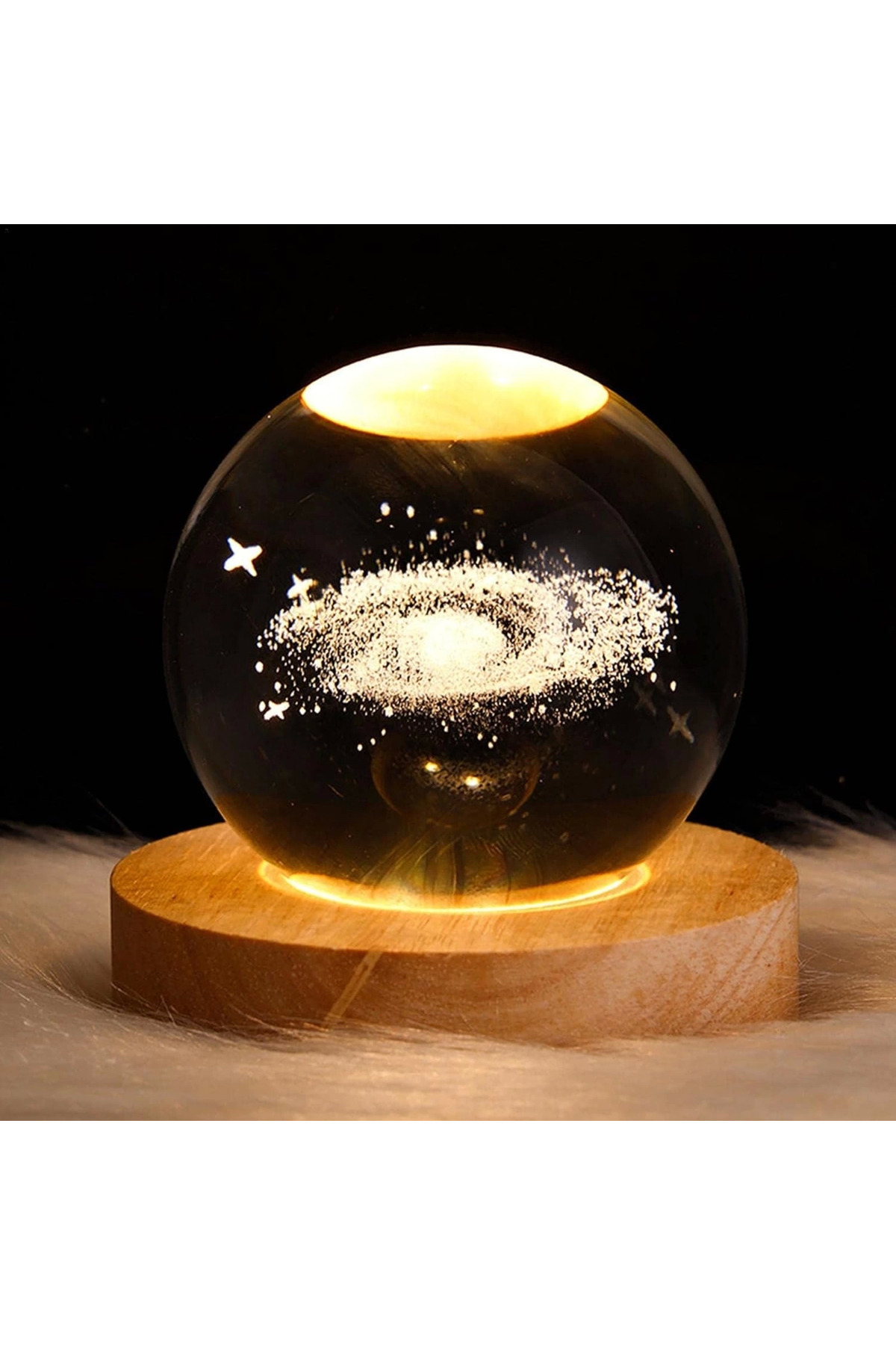 SHC42000 Dekoratif Samanyolu Tasarımlı Ahşap Altlıklı Işıklı Cam Küre Cam:6Cm Ahşap:2Cm