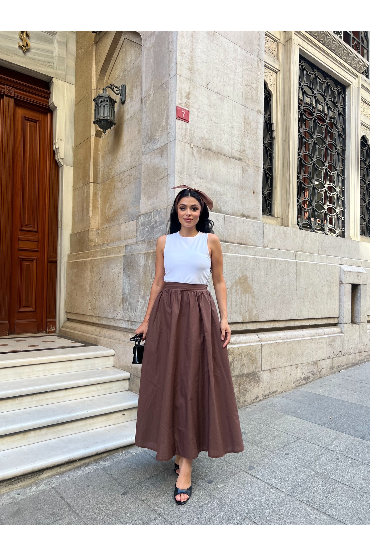 KÜÇÜĞÜM BUTİK  Kahverengi Kloş Poplin Etek - Görsel 6